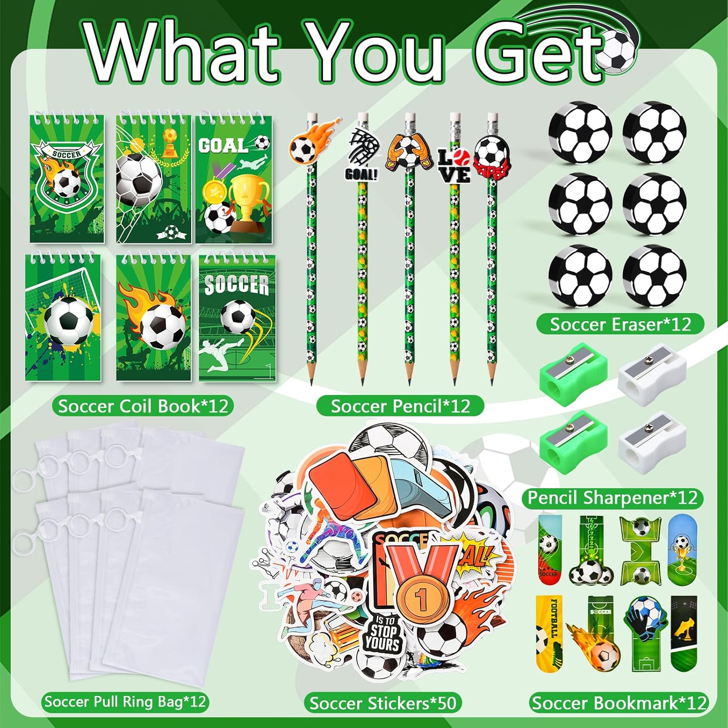 Soccer Party Favors Birthday Supplies School Stationery Bulk - Mini Notebook Pencil Eraser Bookmark Sharpener Bag Sticker, Goodie Stuffer Pinata Filler Boy Kids Soccer Themed Party Supplies - Image 3