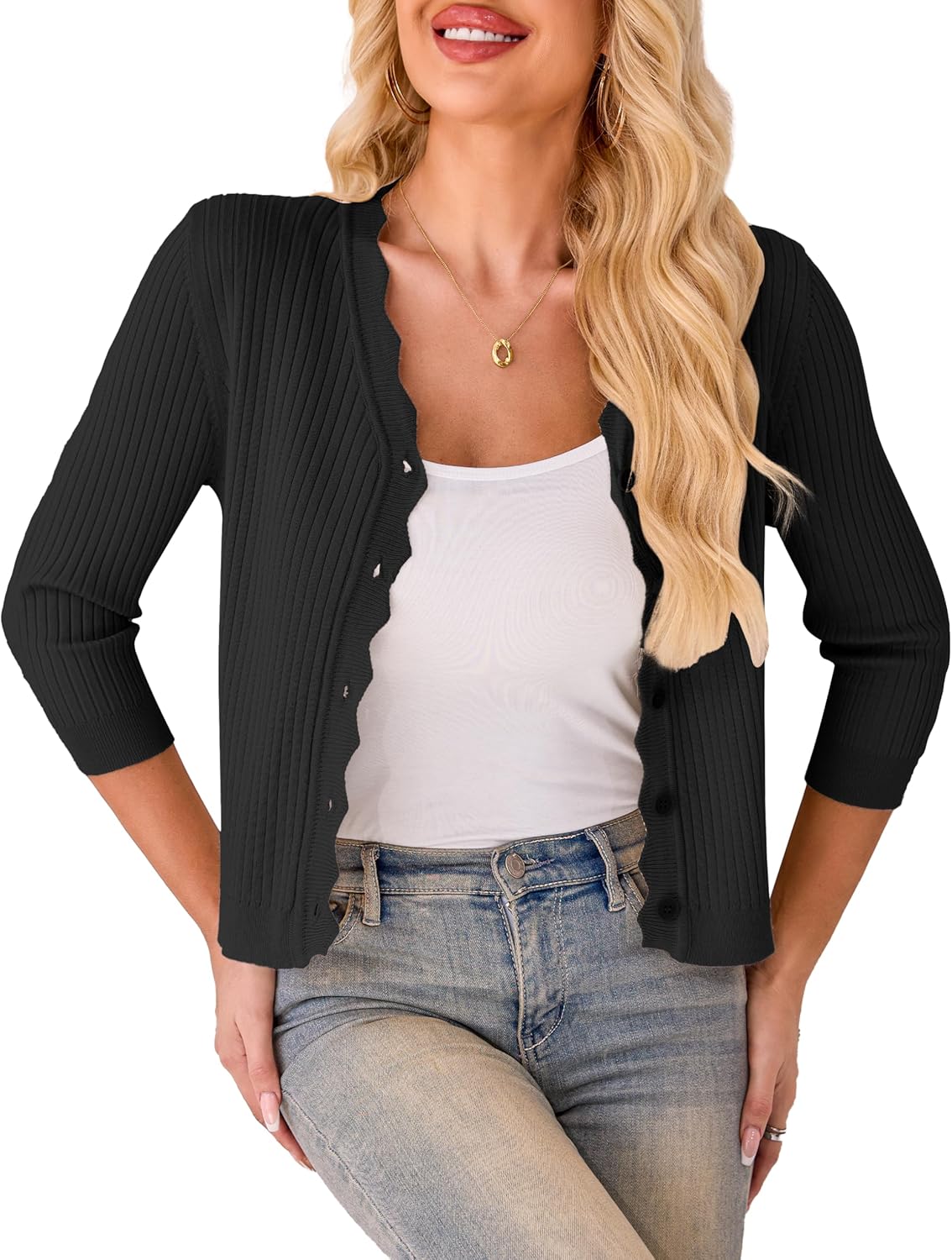 LIENRIDY Women's Cropped Cardigan Shrugs 3/4 Sleeve Button Down Ribbed Knit Sweater