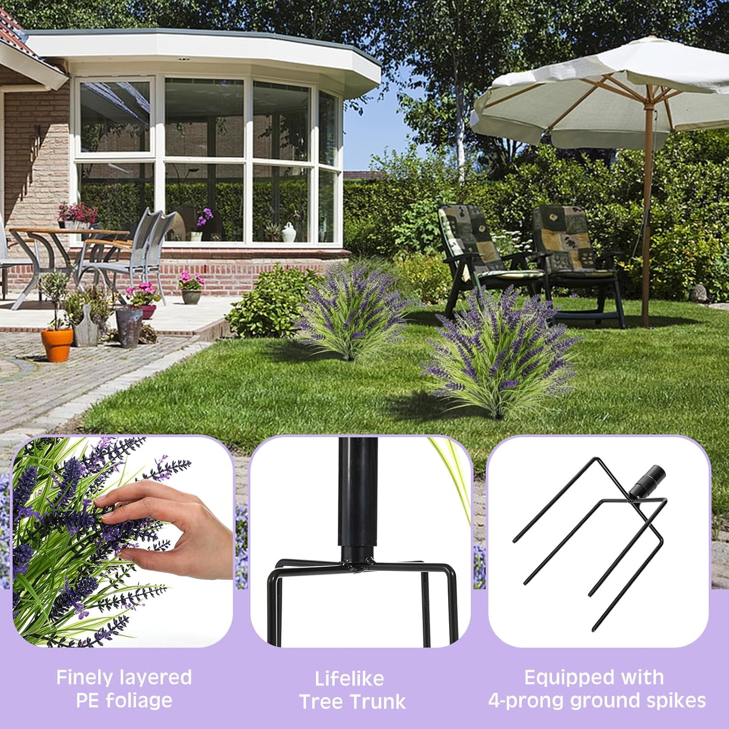 2 Pack Artificial Lavender Topiary Ball Trees with Four Prong Ground Spike, 23" Faux Lavender Plants UV Resistant Shrubs Fake Brushes with Grass for Front Porch Garden Patio Decor