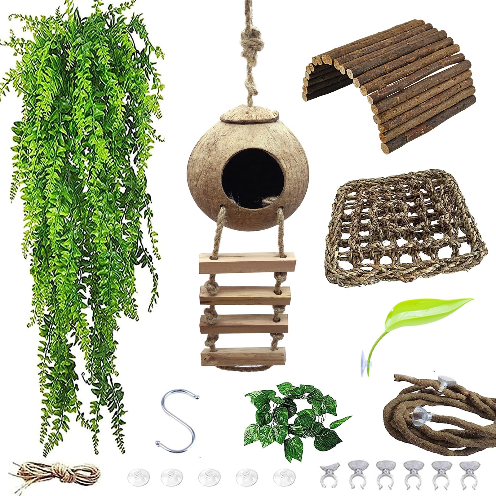 7 accessori per serbatoio di gechi crestati, capanna in cocco leopardo naturale con scala, piattaforma in plastica, per rettili, ponte, lucertola, amaca, piante da appendere, viti della giungla
