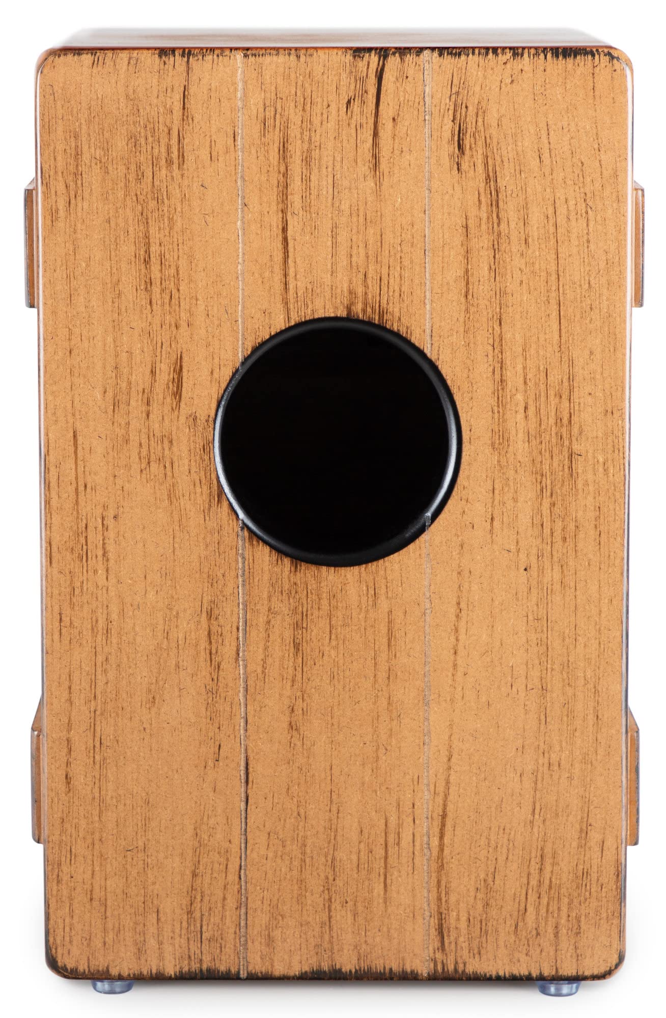 XDrum Design Series Cajon “Coffee” - Designer-Cajon mit Vintage-Aufdruck - Integrierter Bass Port - Korpus aus HPL in Bananenkisten-Optik - Fest installierter Snare-Teppich