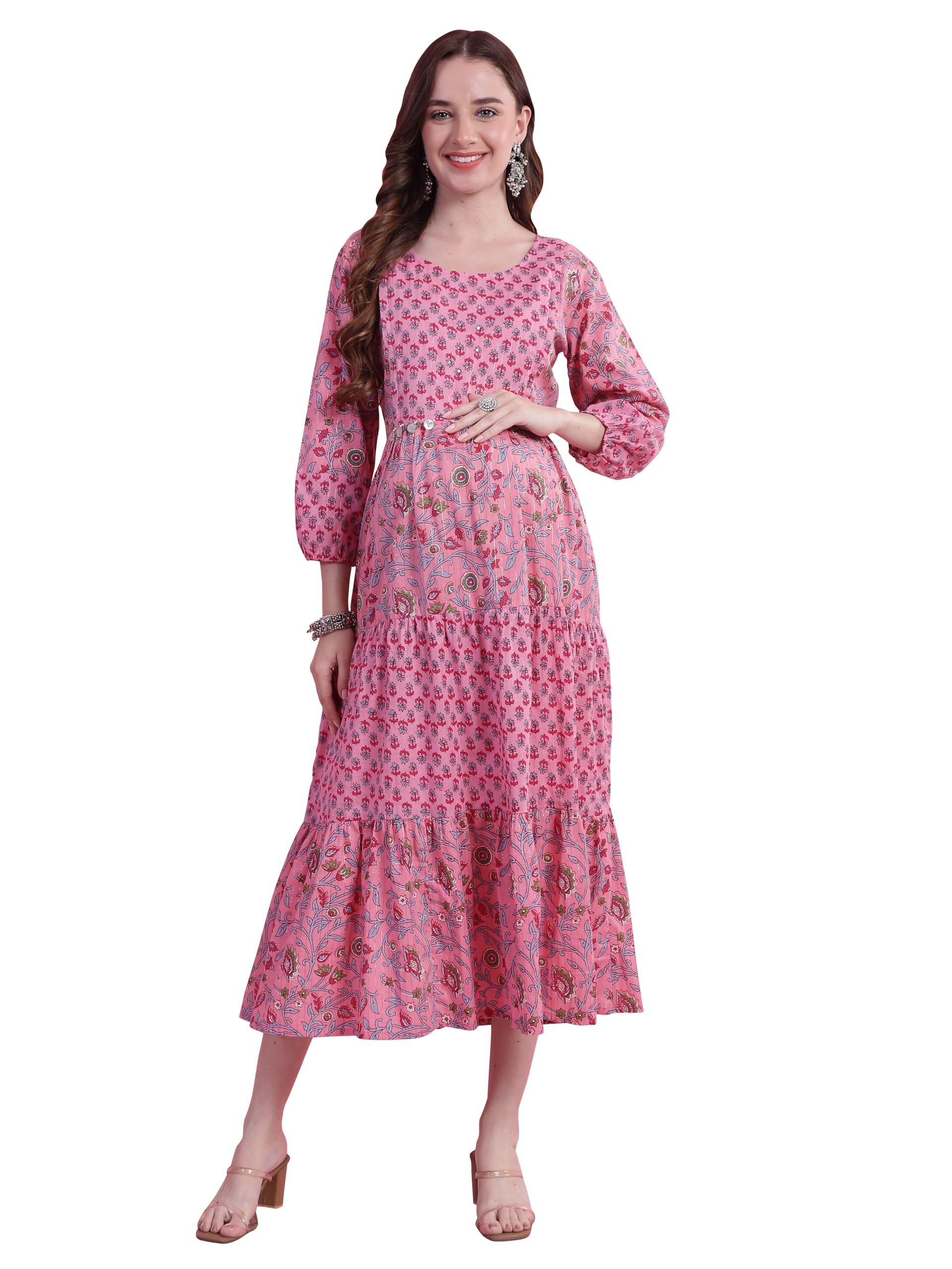 rajnandini Women's Cotton Floral Jaipuri Printed Maternity Gown with Zipper for Women for Pre & Post Pregnancy & Easy Breastfeeding (JOPLJPR205-Light Pink-P)-picture-44