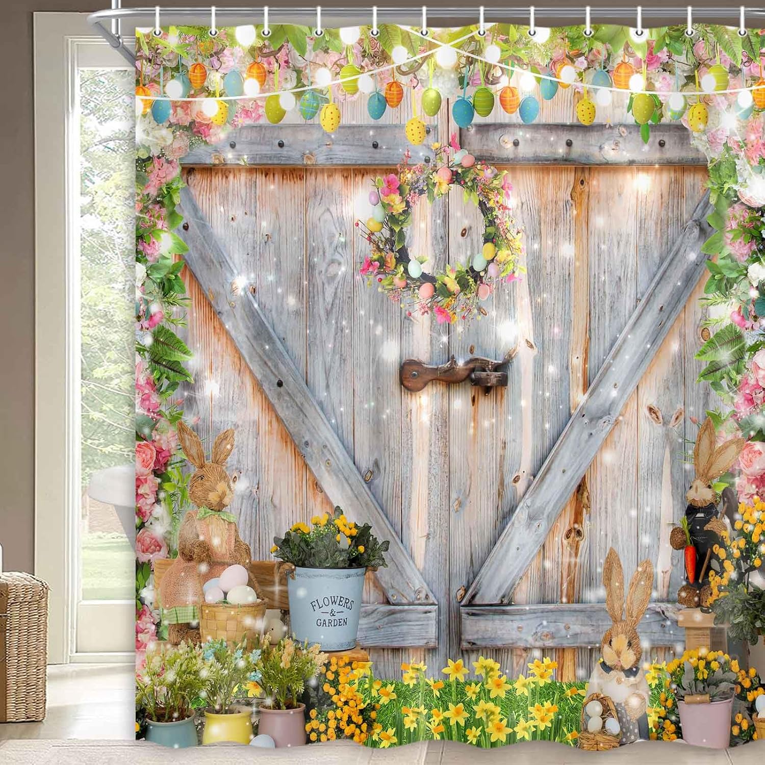 Easter Shower Curtain, Cute Rabbit Bunny Egg Shower Curtain Set, Rustic Farmhouse Waterproof Fabric Shower Curtains for Bathroom Spring Holiday Decor 72"X72"