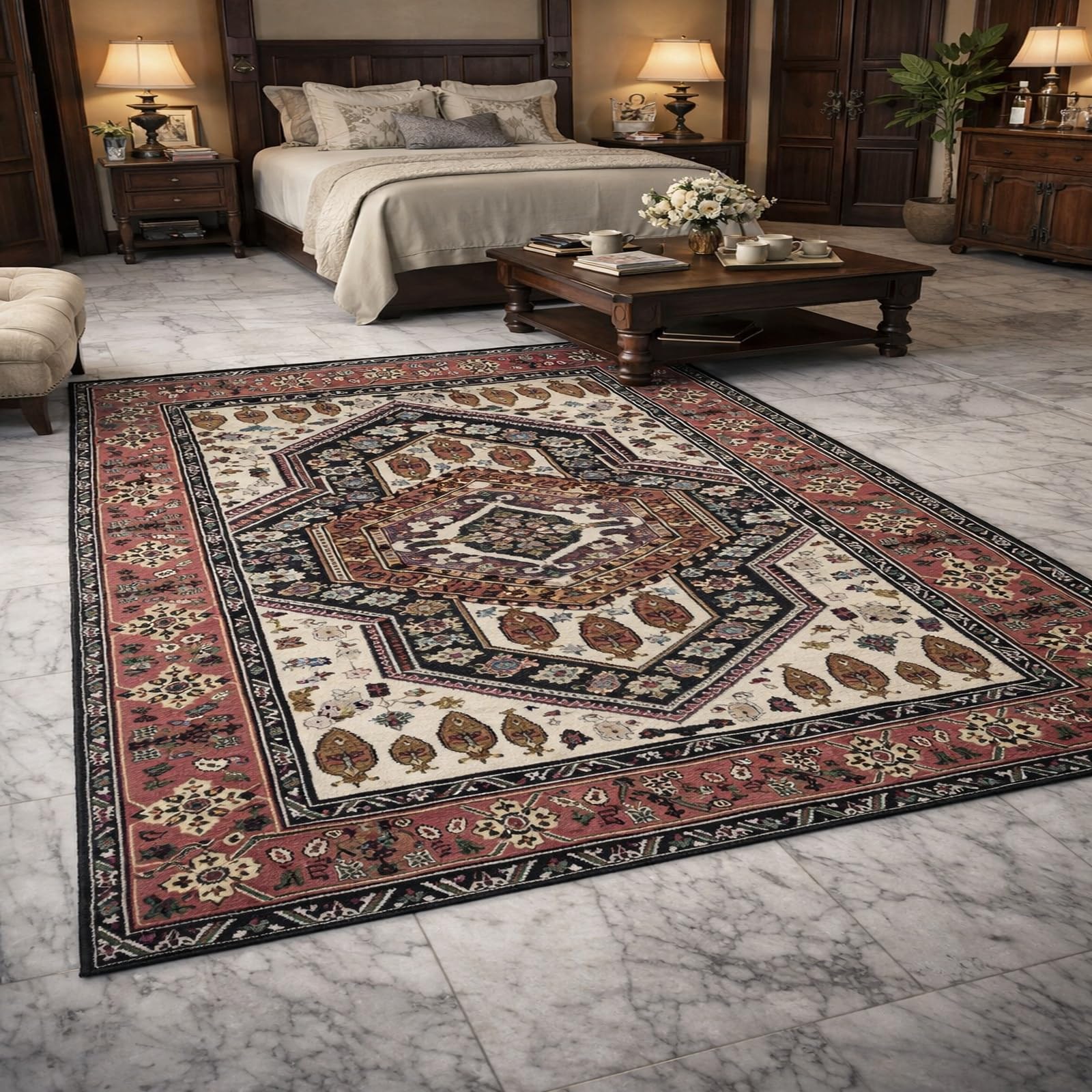 Alfombra lavable Rururug de 130x160 cm con pelo corto y diseño geométrico rojo