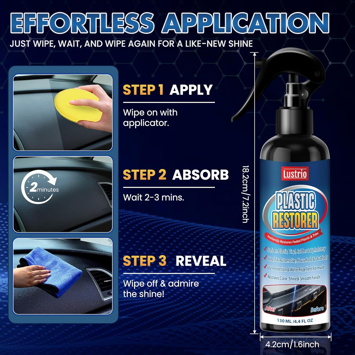 Black Trim & Plastic Restorer for Cars (4.4oz/130ml) | Restores Faded Bumpers, Rubber, Vinyl with Long-Lasting UV Protection & Shine | No Oily Residue, Complete Kit with Foam Applicator & Towel - Image 6