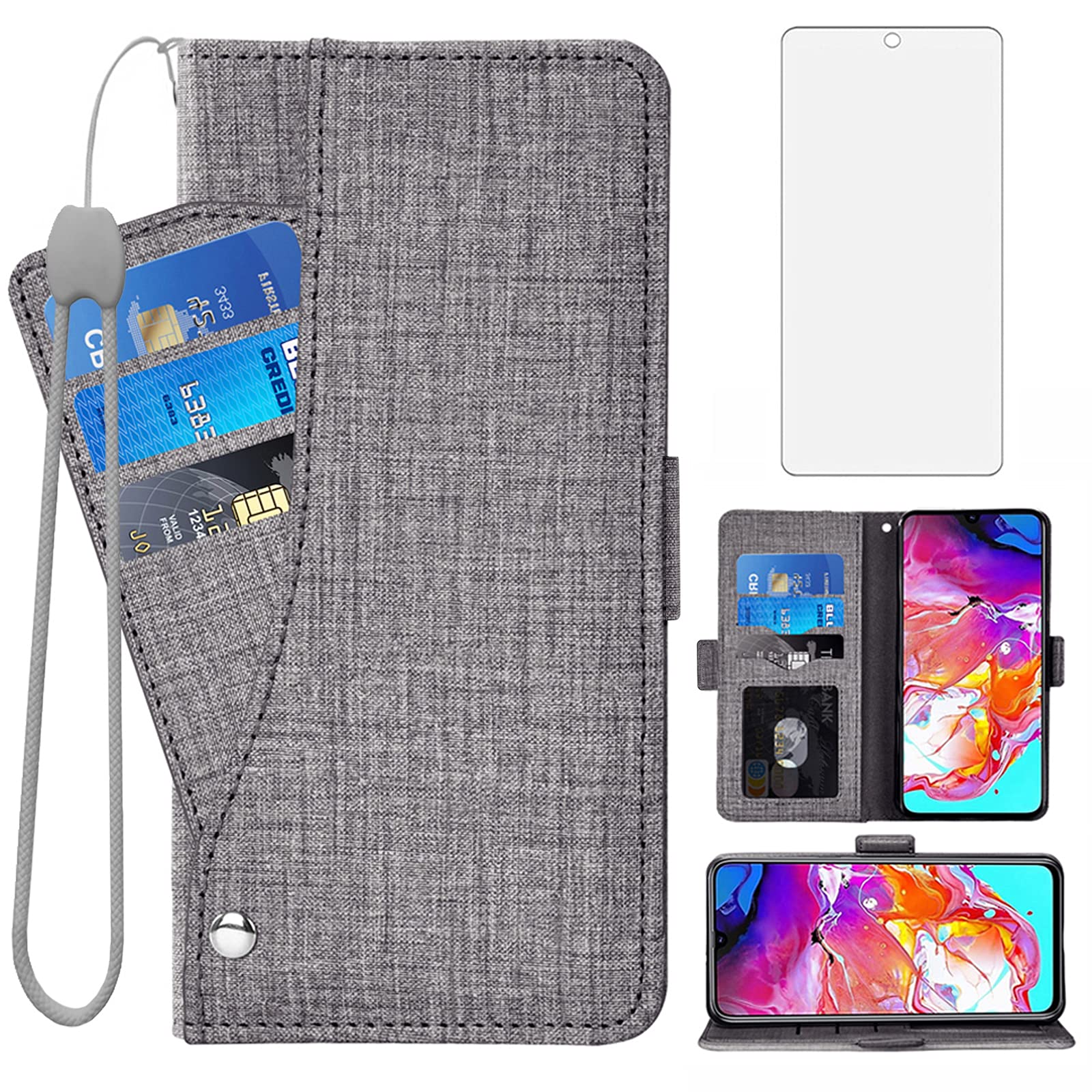 Asuwish Compatible with Samsung Galaxy A71 5G Wallet Case Tempered Glass Screen Protector and Leather Flip Cover Card Holder Stand Cell Phone Cases for Glaxay A 71 G5 Gaxaly 71A S71 Women Men Boy Gray