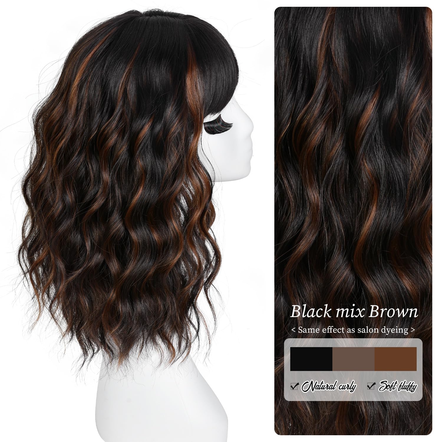 RUNM Short Bob Wavy Wigs for Women 18Inch Wig with Bangs for Black Women Shoulder Length Bob Hair Style for Halloween& Cosplay and Daily(Black mix Brown)