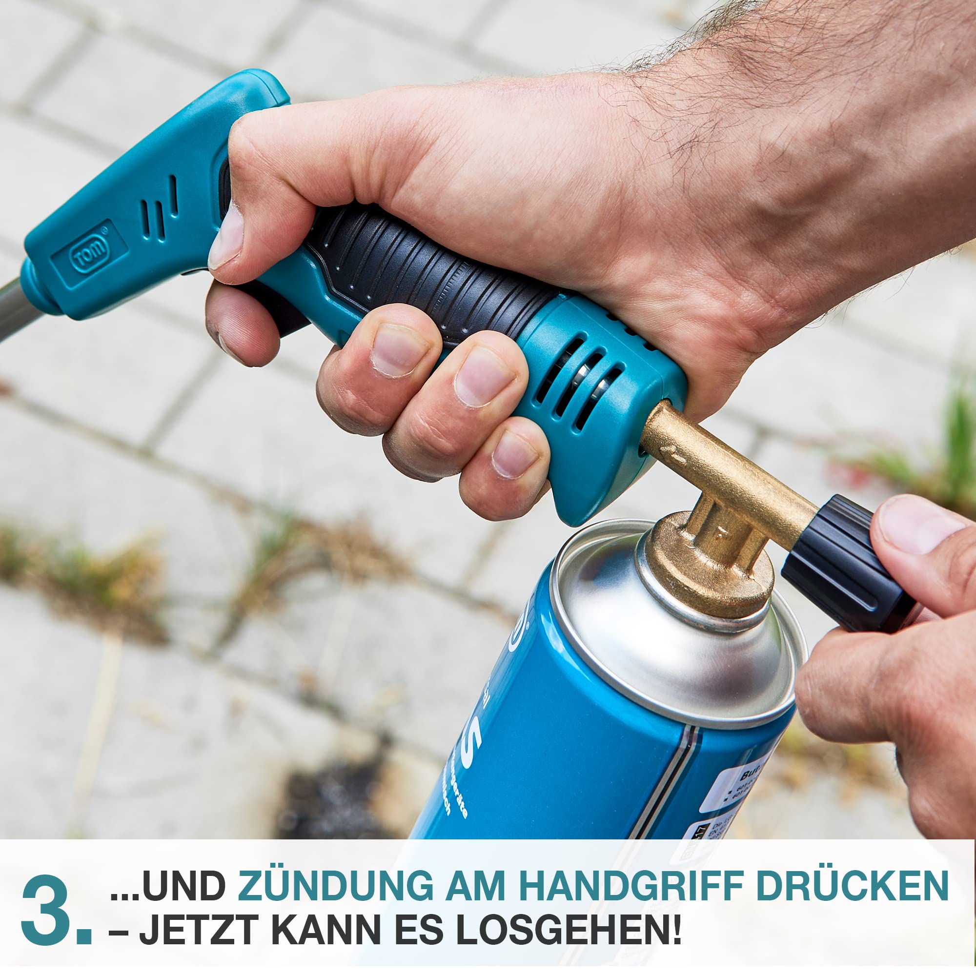TOM Gas Unkrautbrenner Set + 4 x 330 g Universal Gasflasche mit Schraubgewinde 600 ml – Abflämmgerät ideal zur Unkrautvernichtung auf Pflastersteinen, Gehwege, Pflasterfugen. Grillanzünder, Blau