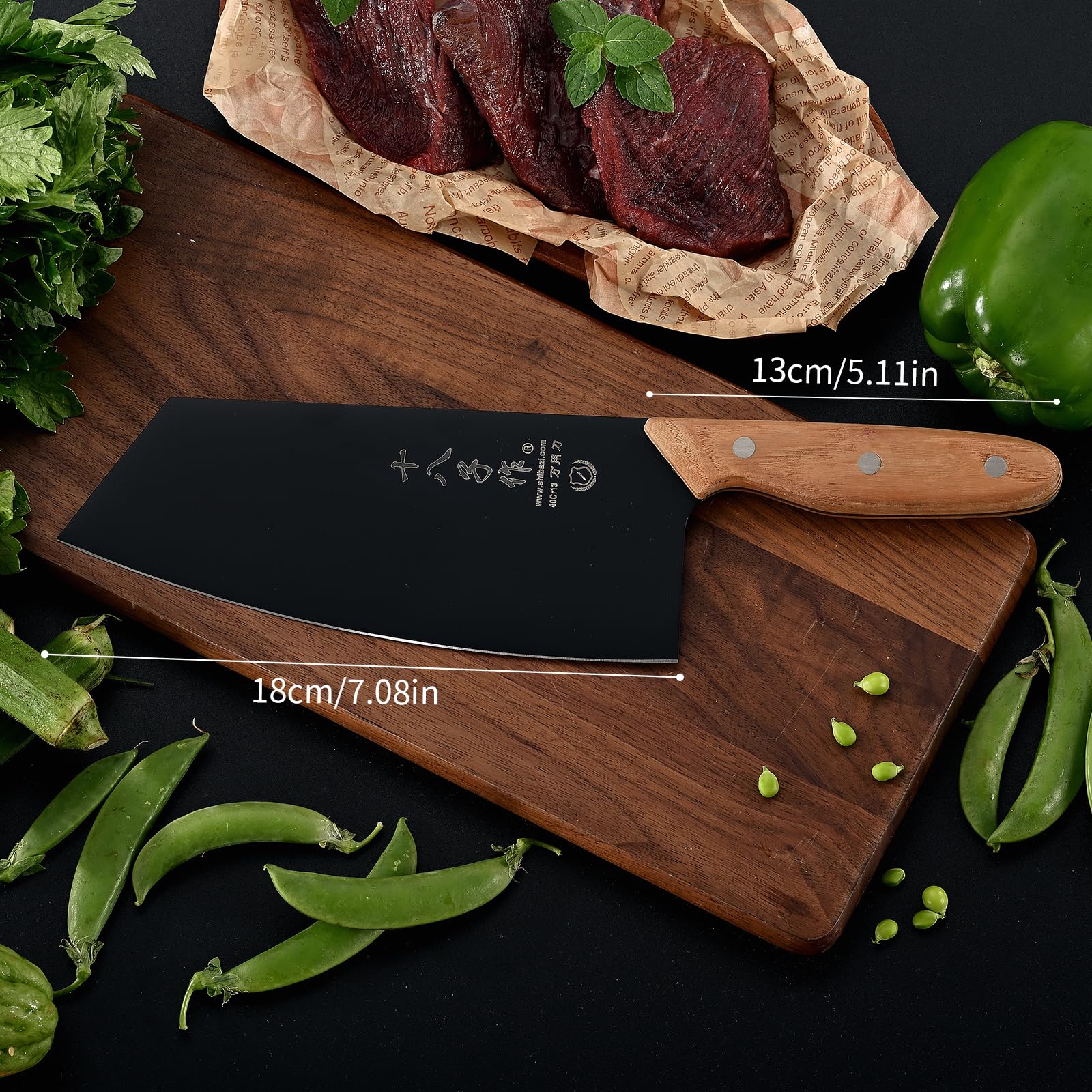 Coltello Chef da Cucina con Lama Nera e Maniglia in Legno Ergonomica