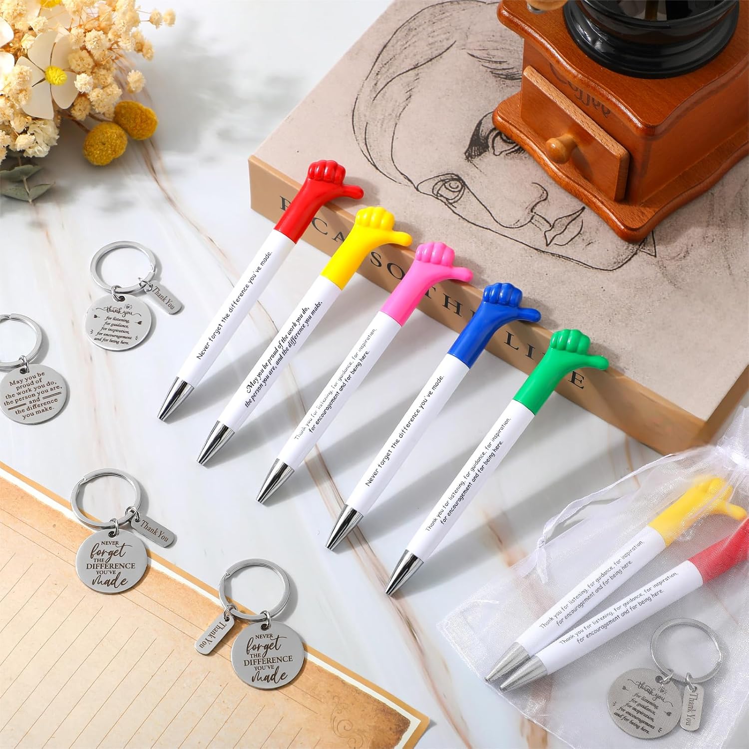 Fumete 90 Pcs Inspirational Gifts Set Employee Appreciation Gifts Bulk Thumbs up Pens Motivational Quotes Pens Thank You Keychain Organza Bags for Volunteer Teacher Nurse Appreciation