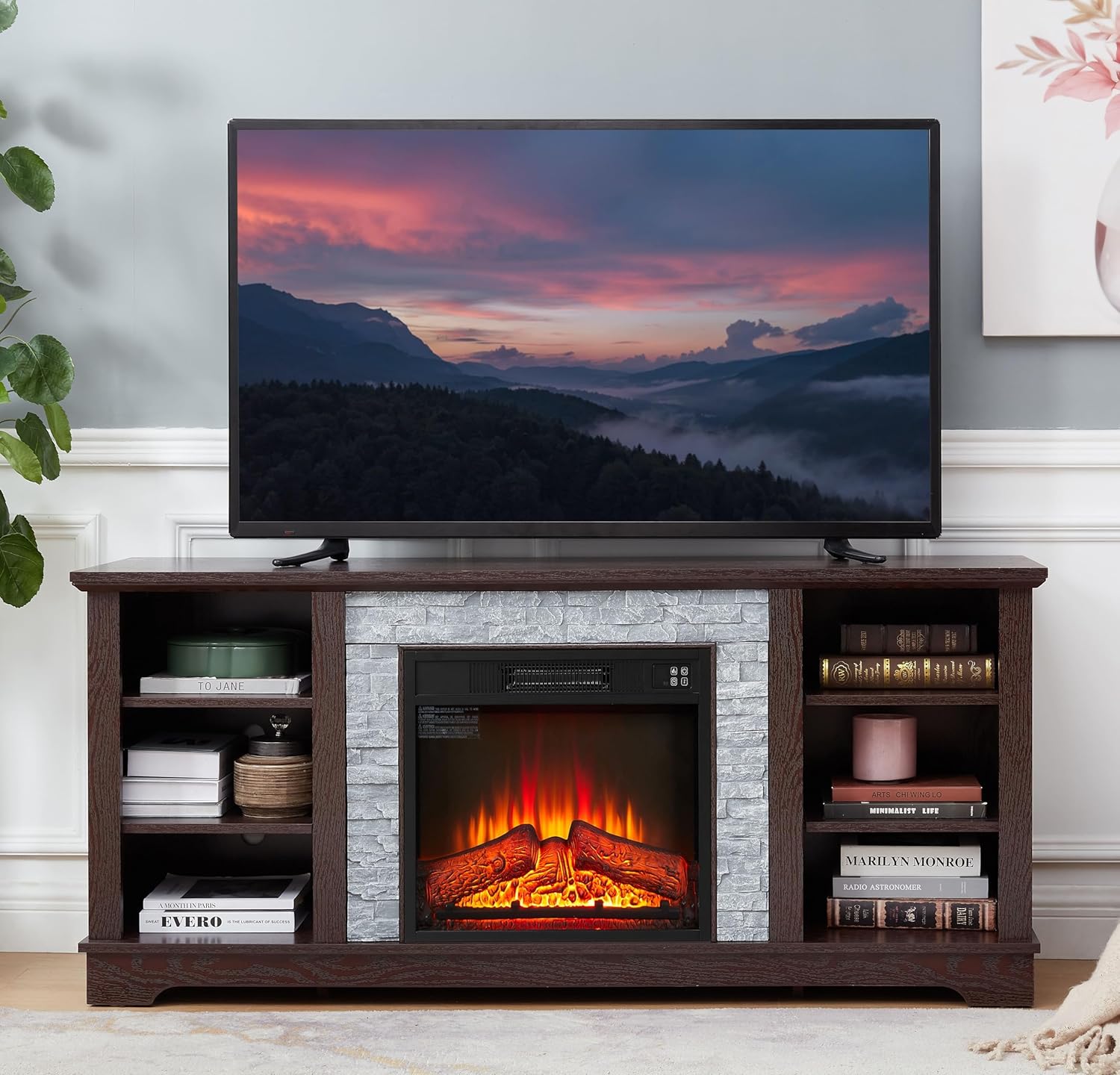 Amazon.com: Modern 65" Fireplace TV Stand Faux Cultural Stone TV Stand ...