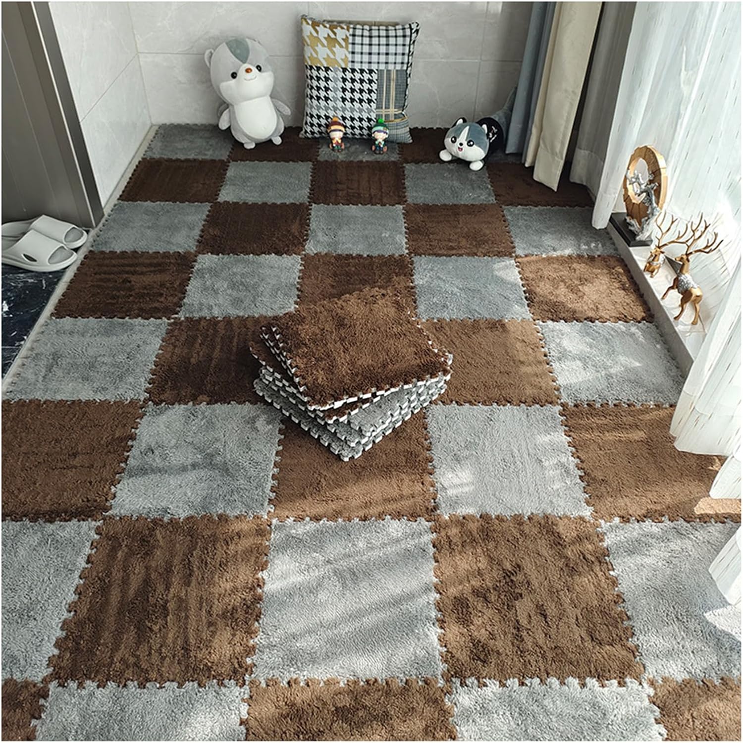 Carpet Squares, Thickened Plush Foam Interlocking Floor Mat, Fluffy Square Foam Tiles Carpet Tiles with Edgings, Soft Anti-Slip Puzzle Playmat,(Dark Coffee+Gray)