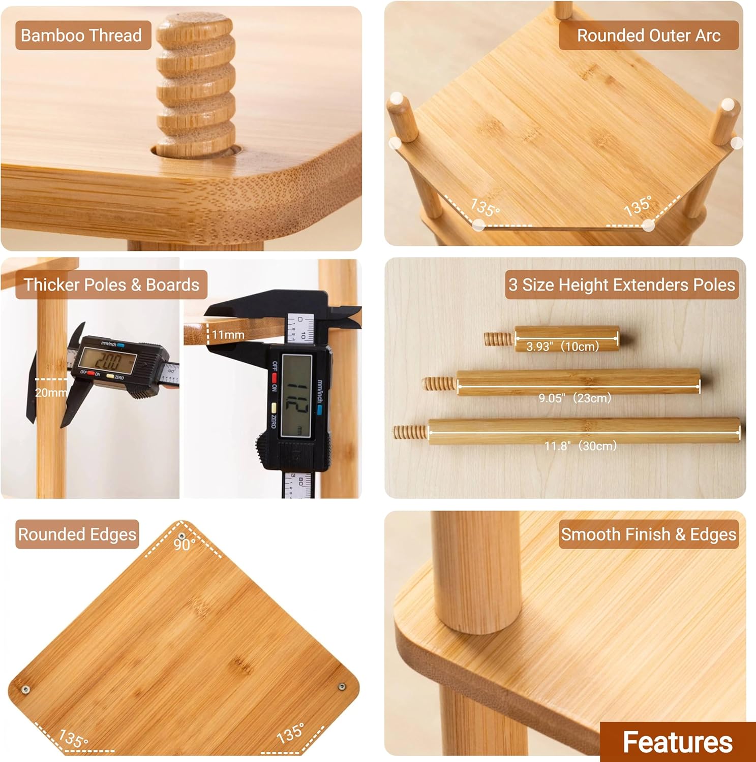 4 Tier Expandable Bamboo Corner Shelf - Dish/Plate Organizer for Cabinet, Kitchen Counter Shelf & Small Kitchen Shelf, Adjustable (1, 4Tier-6.7" H)