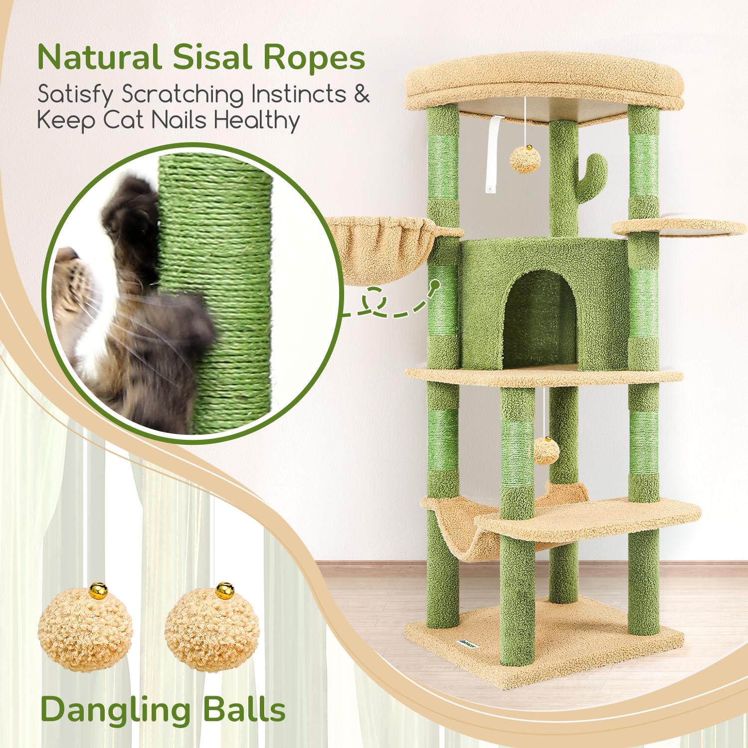 Globlazer Árbol Rascador Esquina Cactus Verde, Rascador para Gatos Rincón Alto 130 cm con Grandes Plataformas, Curvado Nidos, Hamaca, Cesta, Torre Gato Estable para 2-4 Gatos Adultos (C51, Verde)