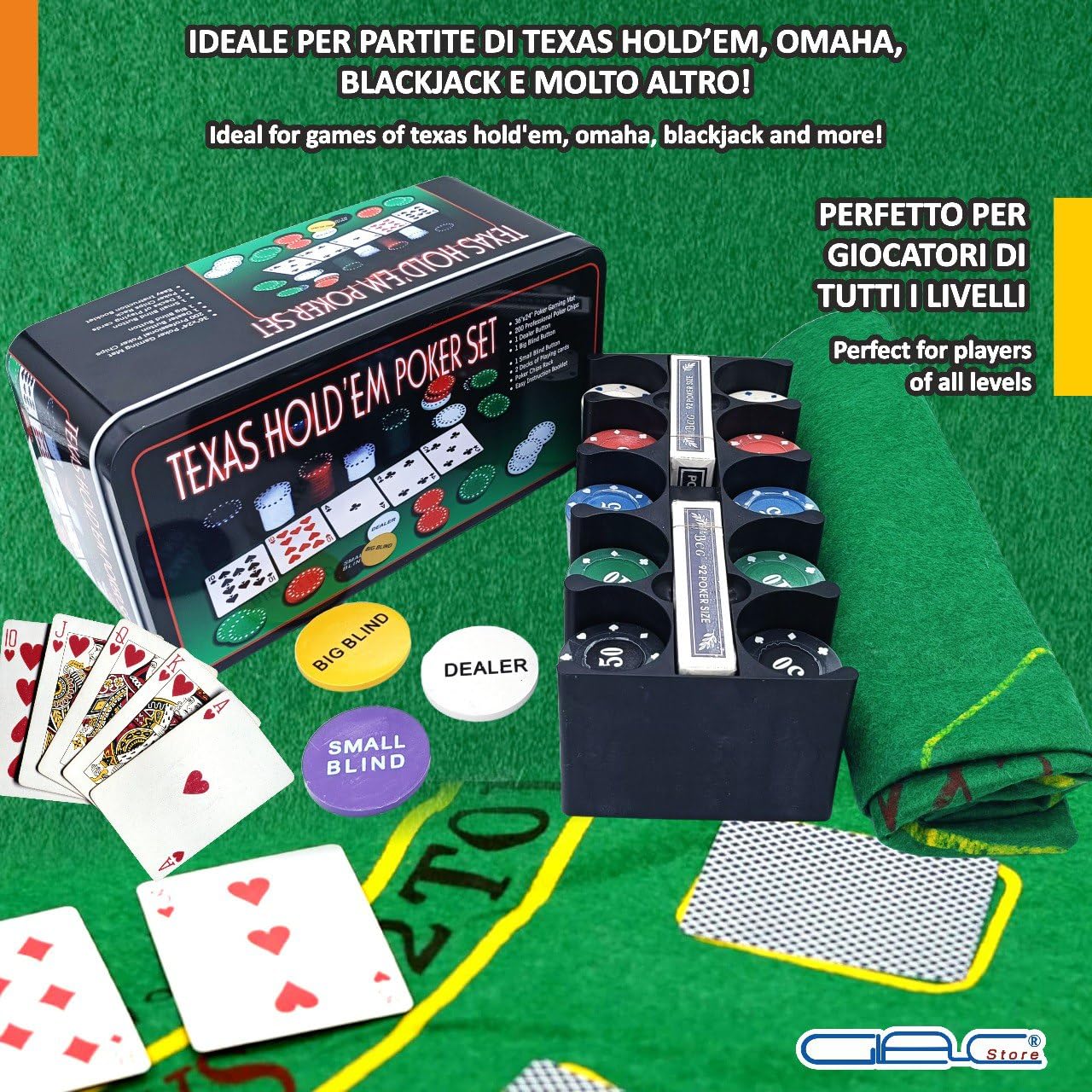 Set da Poker con Scatola in Metallo, 200 Fiches Colorate, 2 Mazzi di Carte, Fiches Dealer, Panno Verde, Big Blind, Small Blind