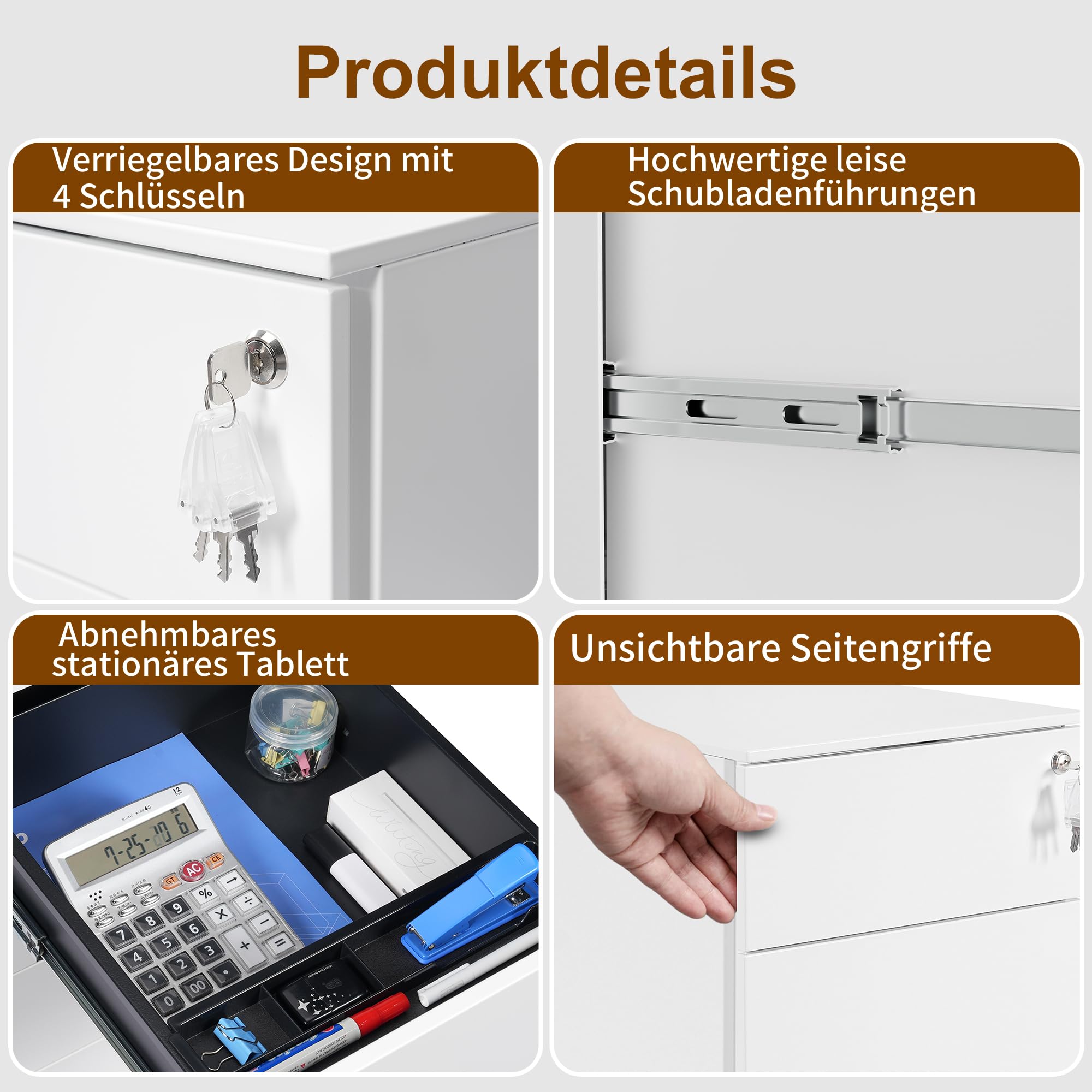 Rollcontainer, Mobiler Aktenschrank mit Schloss, 4 Schlüssel, 4 Schubladen, Metallschrank, Bereits Vormontiert, für Büro, Heimbüro, Weiß