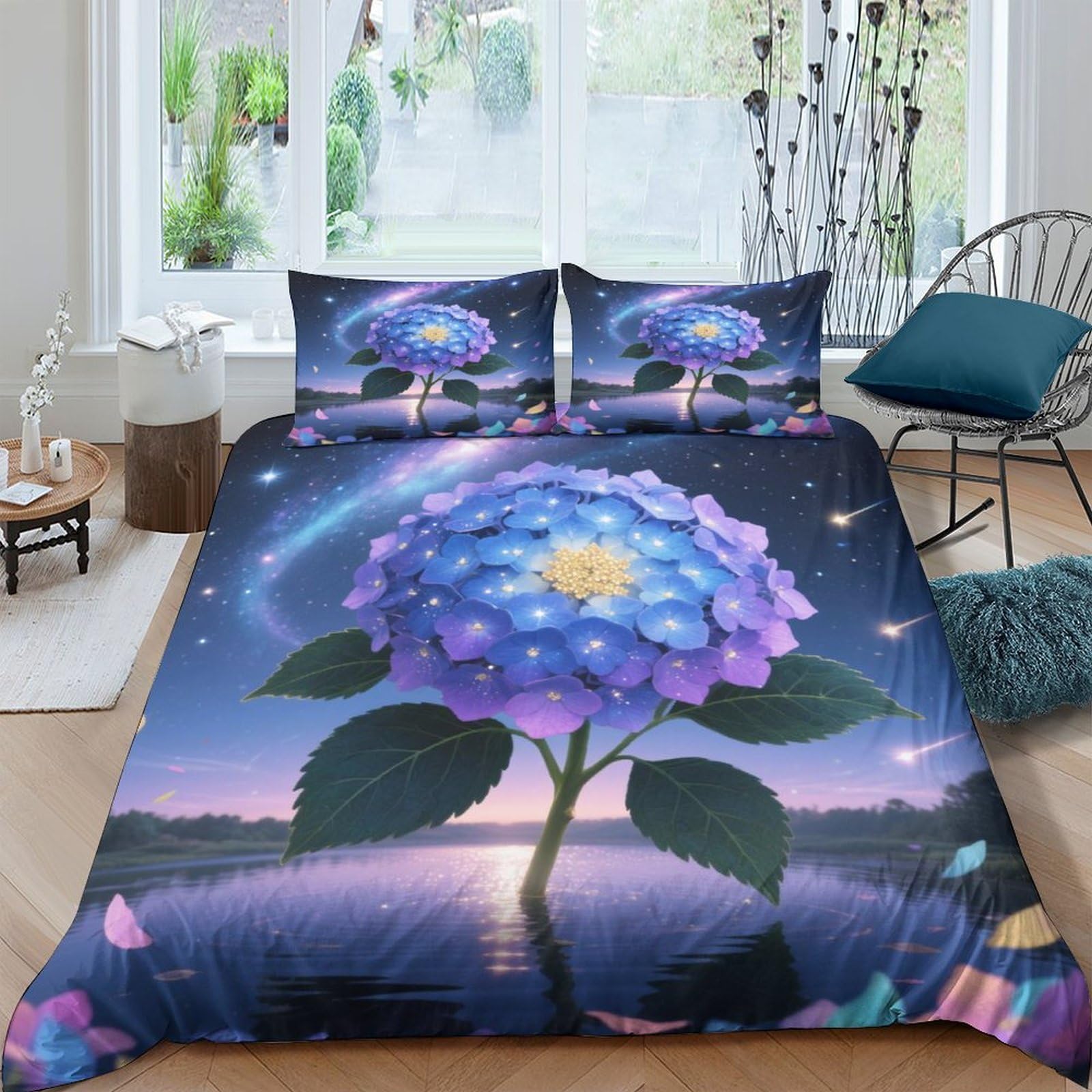 Housse de couette hydrangée lit double en microfibre facile à laver