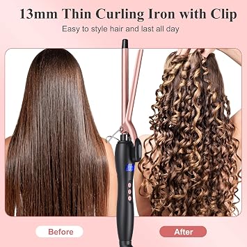 Curling Wand 13MM, Thin Curling Iron Tight Curls for All Hair Types, LCD Display 100-230°C, Ceramic Barrel Curling Wand Long&Short Hair Culer Pro Curling Tongs
