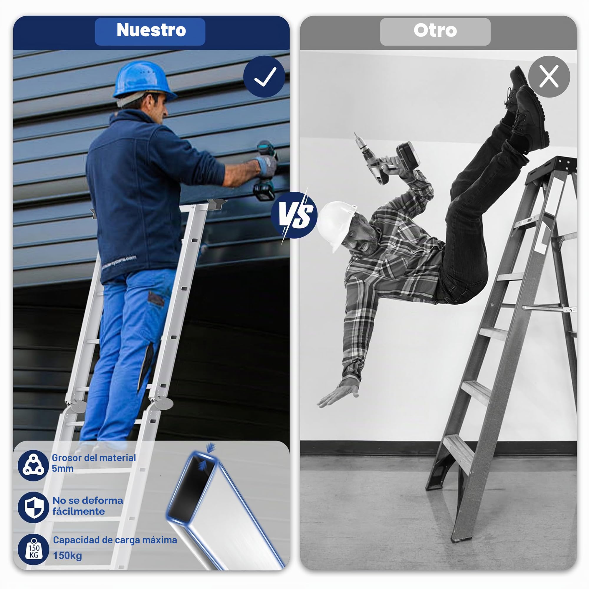 Escalera multiusos de aluminio 4x3 con plataforma 6 en 1 340 cm plegable articulada 150 kg plateado