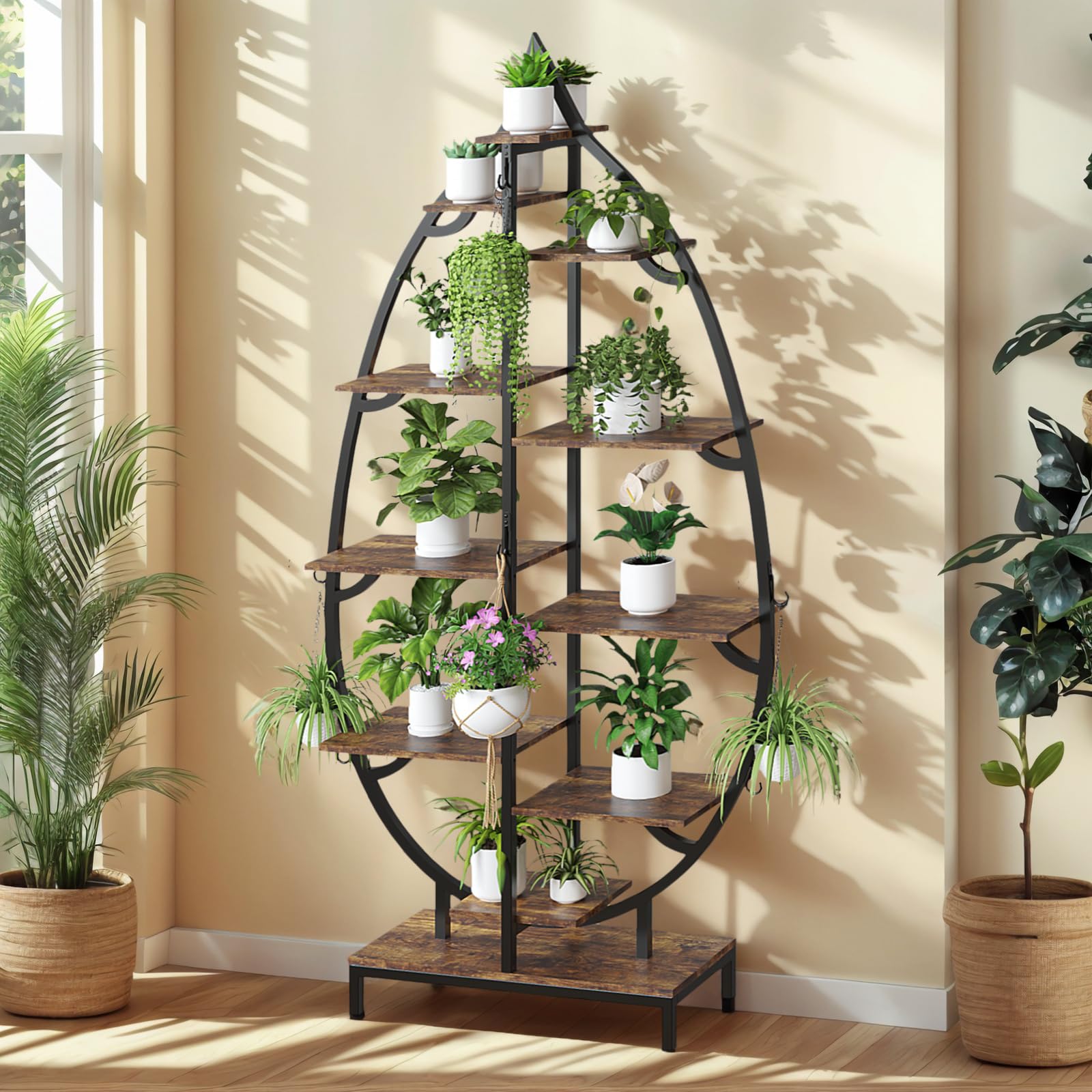 Bonnlo Pflanzenständer mit Wachstumslicht, Blumenständer Blatt-Design, Pflanzenregal natürlich, Blumenregal Eisenholz für Balkon, Wohnzimmer, Garten, Büro, 160x84x26 cm, vintage