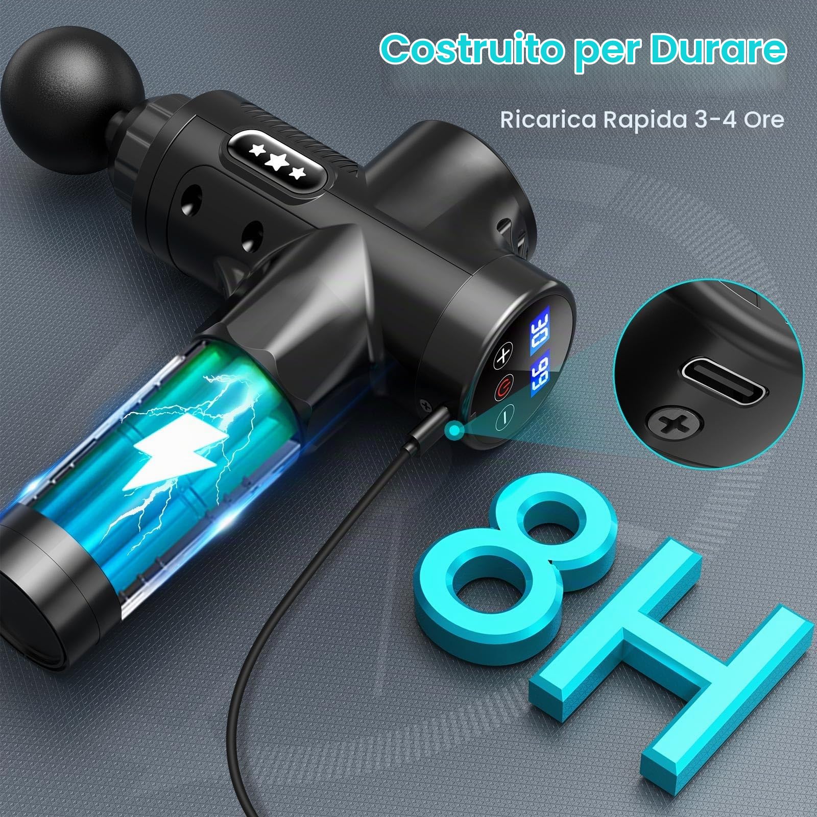 Pistola Massaggio Muscolare, 30 Velocità Pistola Massaggiante Muscolo Profondo Tessuto, 2500mAh Batteria Ricaricabile, 3300RPM Silenziosa Massaggiatore Elettrico, 10 Testine, Schermo Tattile LCD