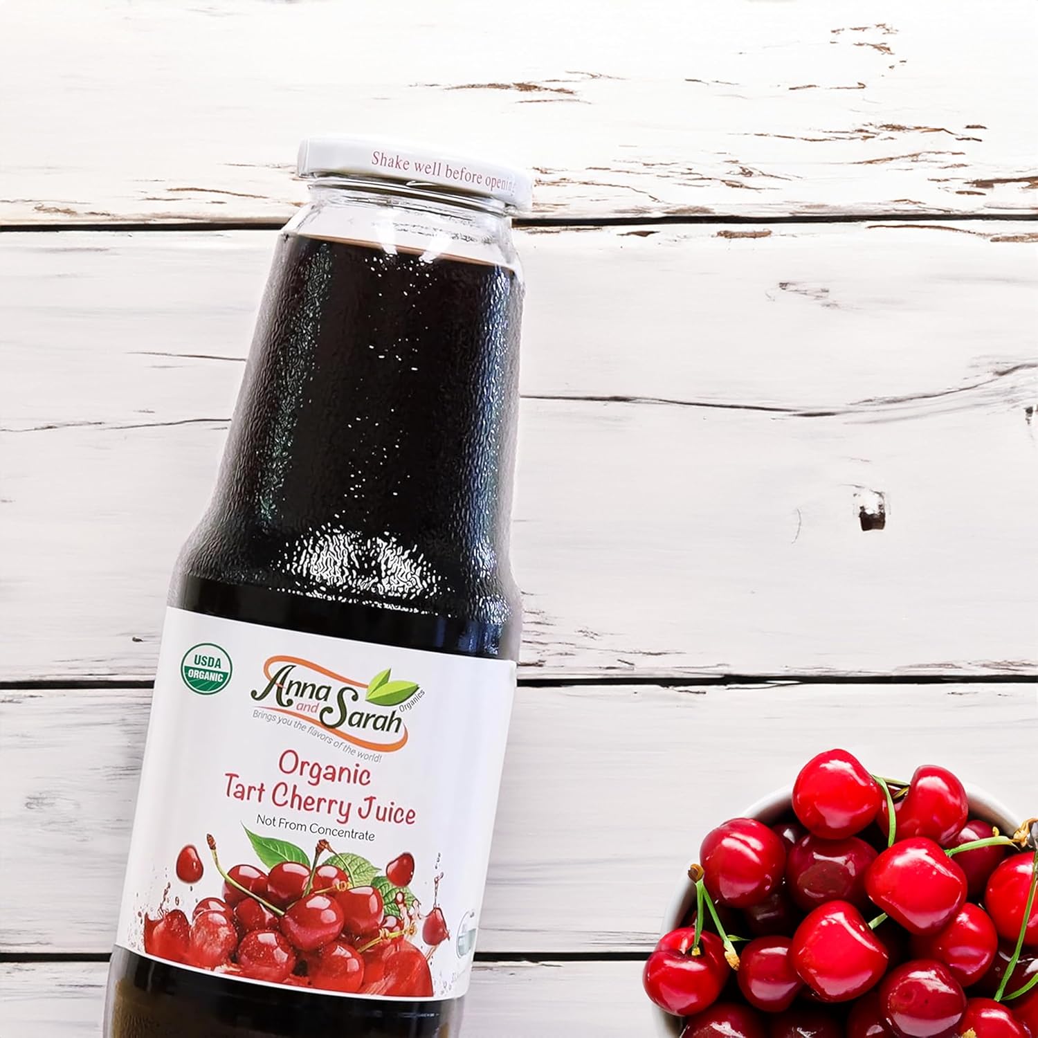 Anna and Sarah 33.8 Oz Organic Tart Cherry Juice - USDA Organic Certified - Glass Bottle (2 Pack) No Sugar, No Artificial Colors, No Preservatives, No Flavors Added,NOT from CONCENTRATE