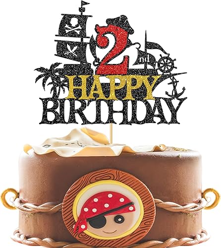 Maicaiffe Decoración para tartas de feliz segundo cumpleaños, diseño de barco pirata náutico, decoración de fiesta para niños, purpurina negra