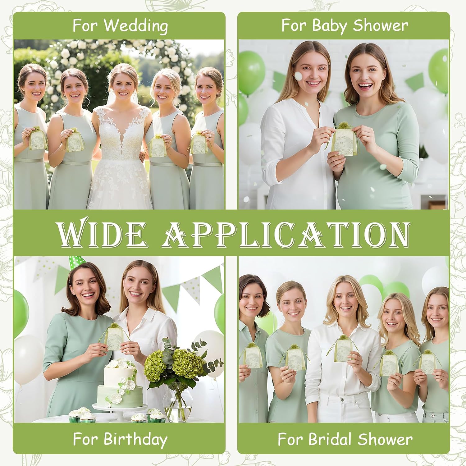 50Sets Green Floral Compact Mirrors Party Favors, Portable Pocket Mirror Bridal Shower Wedding Baby Shower Party Supplies with Thank You Tags & Organza Bags for Guest Gift Souvenirs