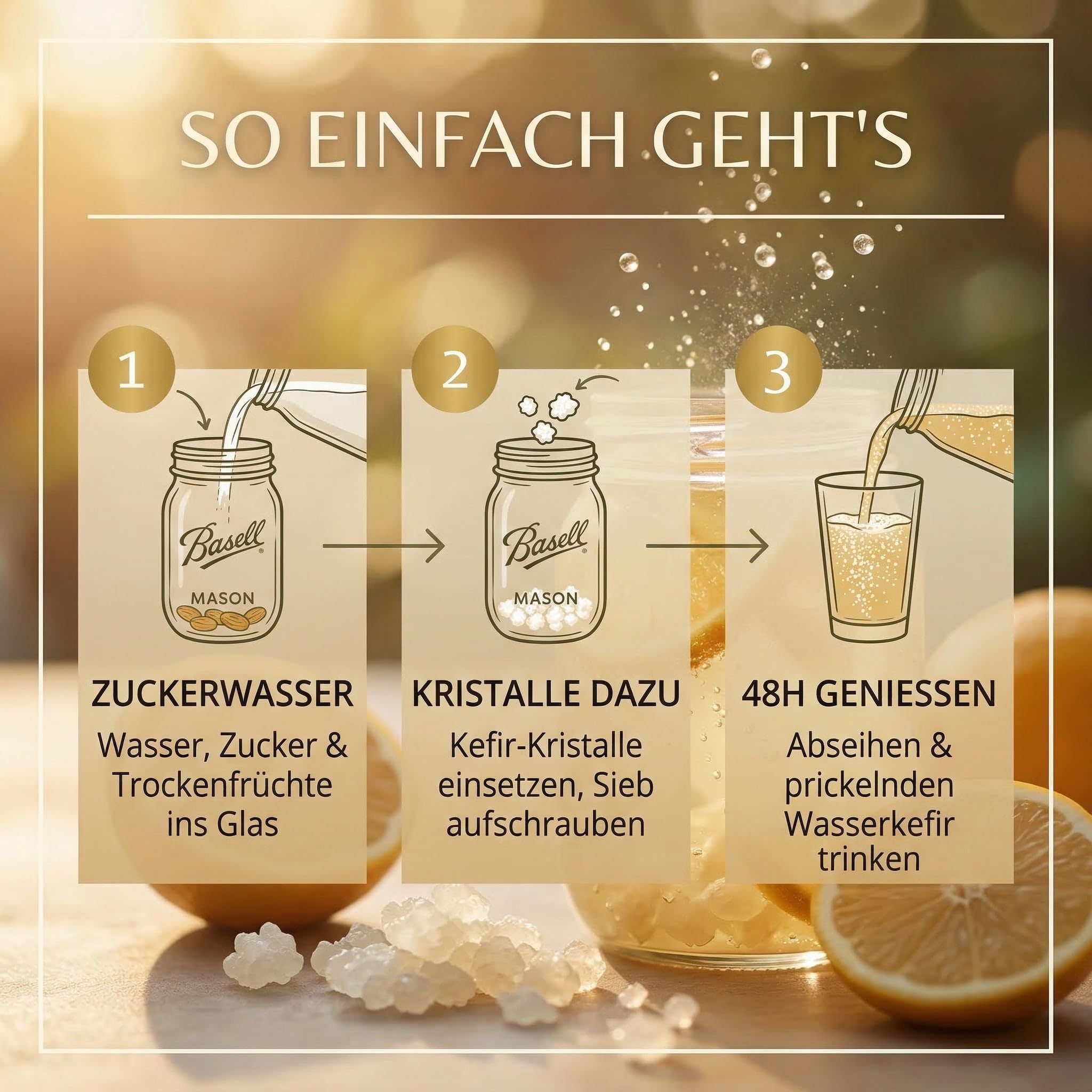 HeldenPilz® BIO Wasserkefir Starter Set mit Mason Ball Glas (600ml) – Wasserkefir selber machen | Japankristalle, Aufschraubsieb & Edelstahldeckel | Fermentations-Set mit Anleitung