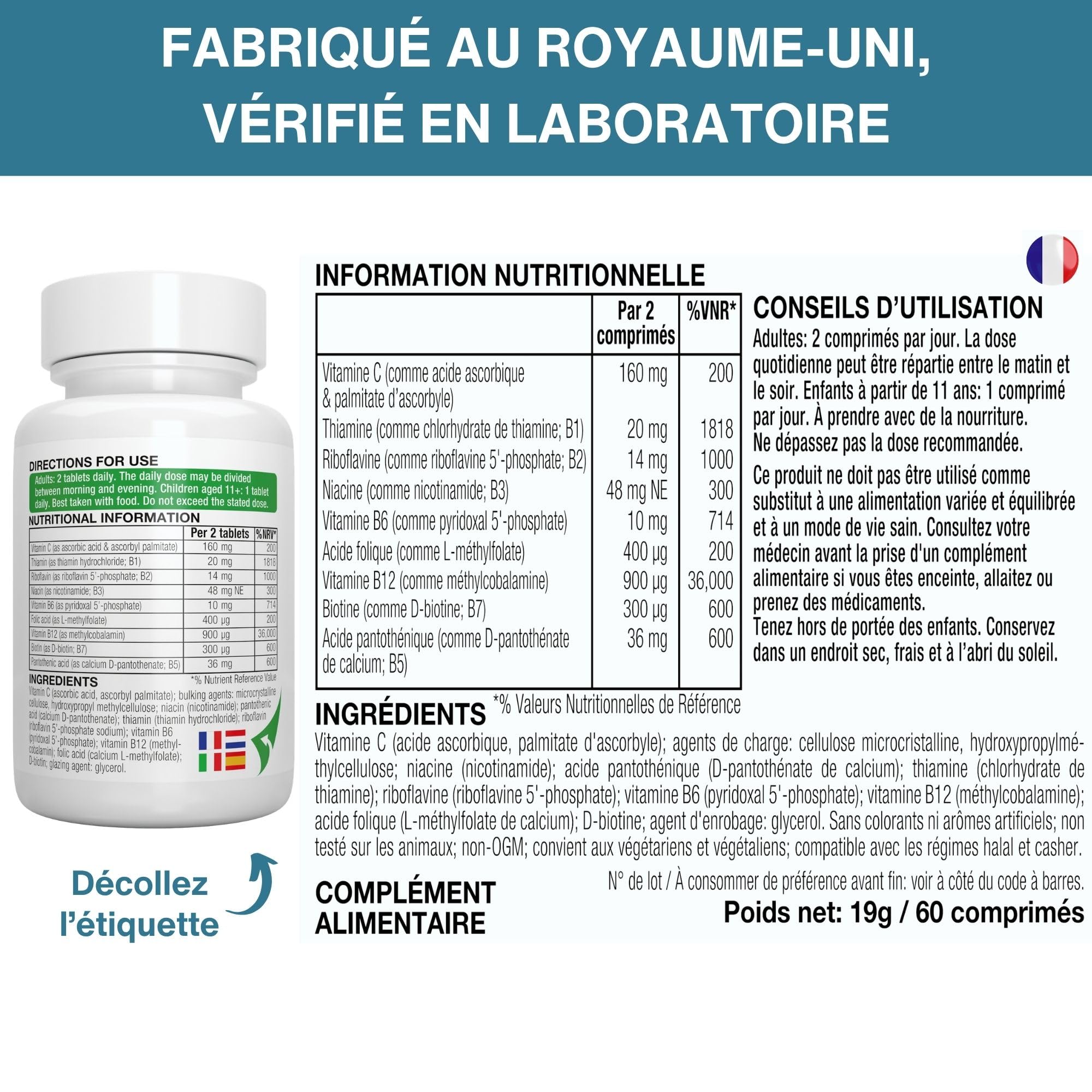 Igennus Super B-Complex à Haute Absorption avec Vitamines B Méthylées et Vitamine C, Liberation Prolongée, Ingredients Purs et Vérifié en Laboratoire, 180 Petits Comprimés, Vegan