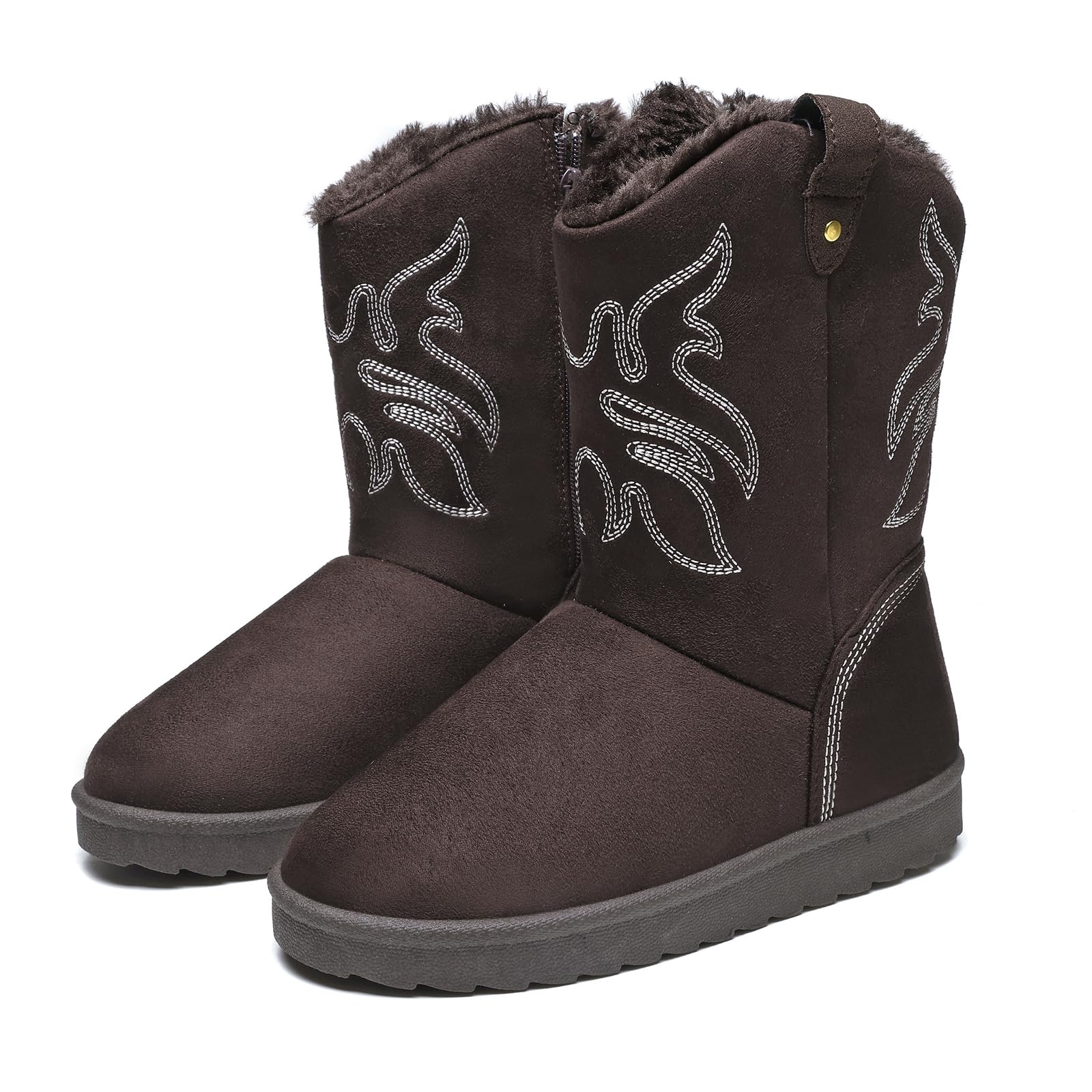 ZEENXIUYA Winter Snow Boots for Women Mid Calf Cowboy Boots with Embroidery Stitched Flat Fashion Boot with Warm