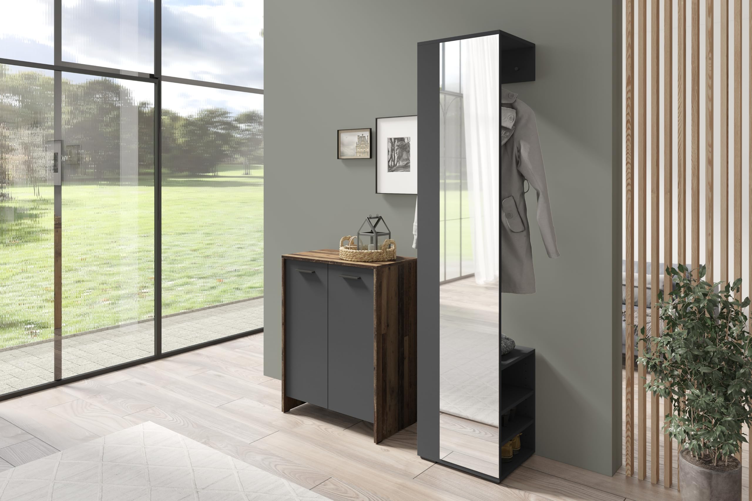 byLIVING Flurgarderobe Ben, Anthrazit, Spiegel | Kleiderstange, Ablage, Spiegelschrank für den Flur, B 40, H 184, T 35 cm