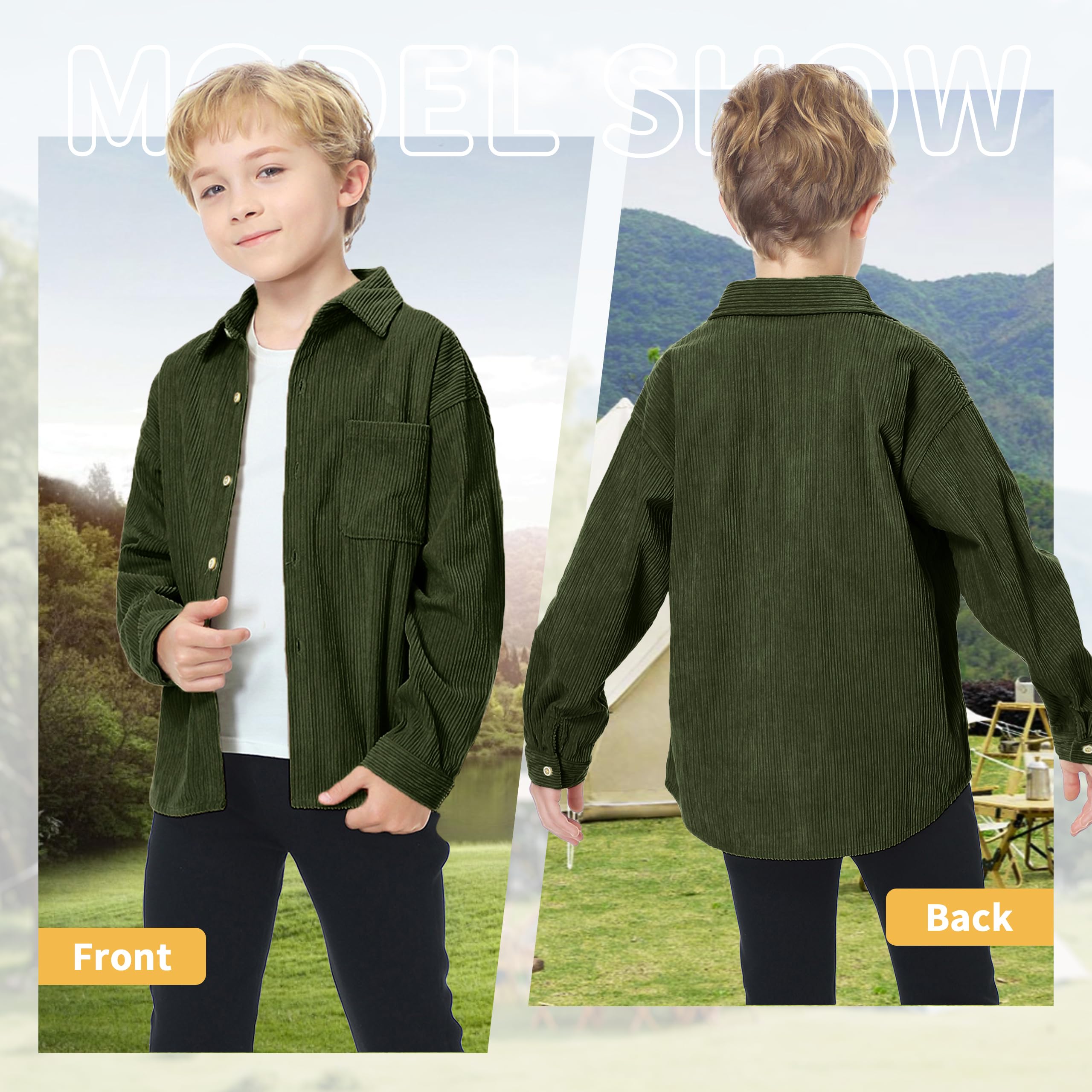 LOLANTA Camisas de pana para niños con botones occidentales con bolsillo, manga larga, solapa sólida