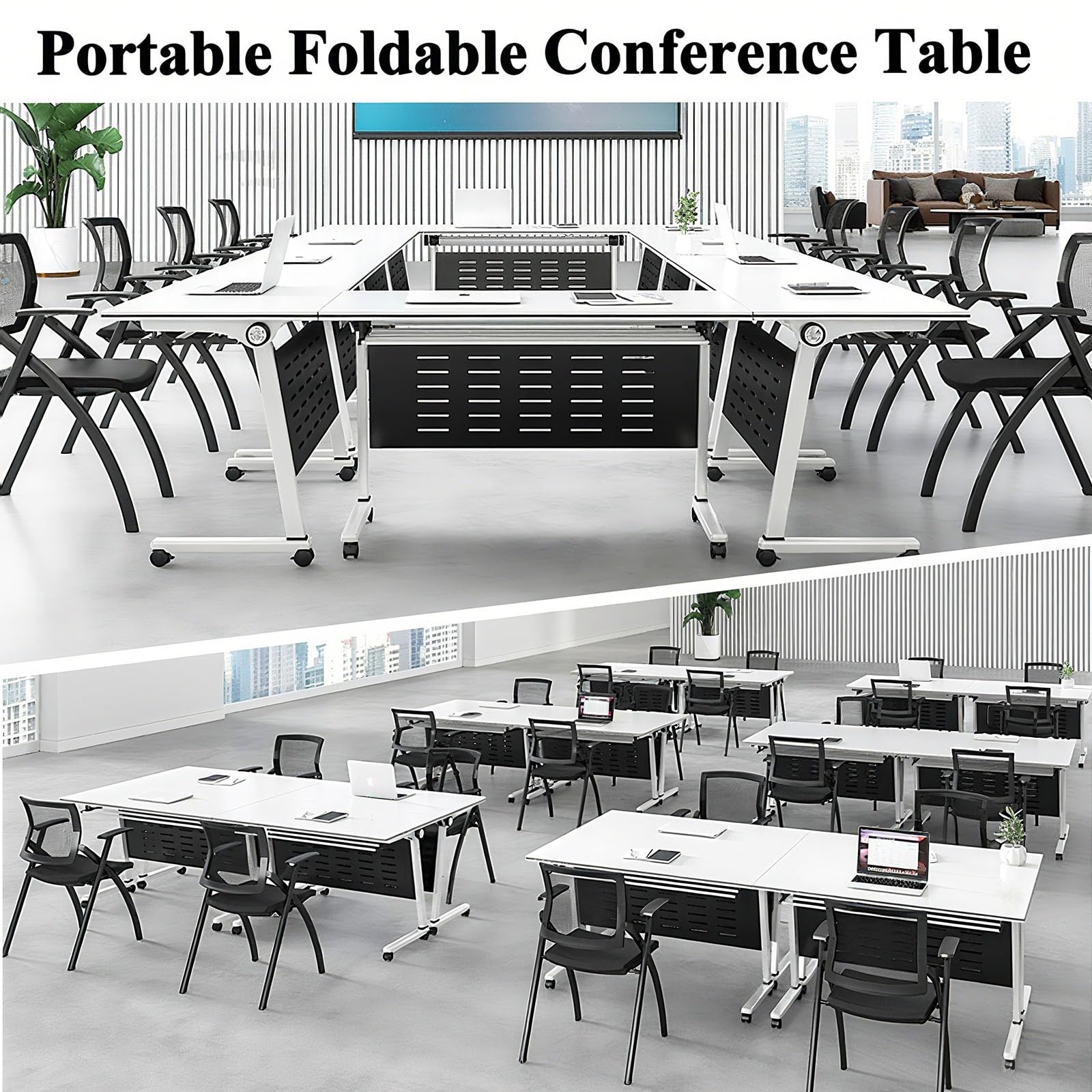 Mobiles, klappbares Konferenztisch-Set, 4-teilig – Moderne, weiße, tragbare Tische mit leisen Rollen für Büro, Seminarraum, Klassenzimmer, Chefzimmer