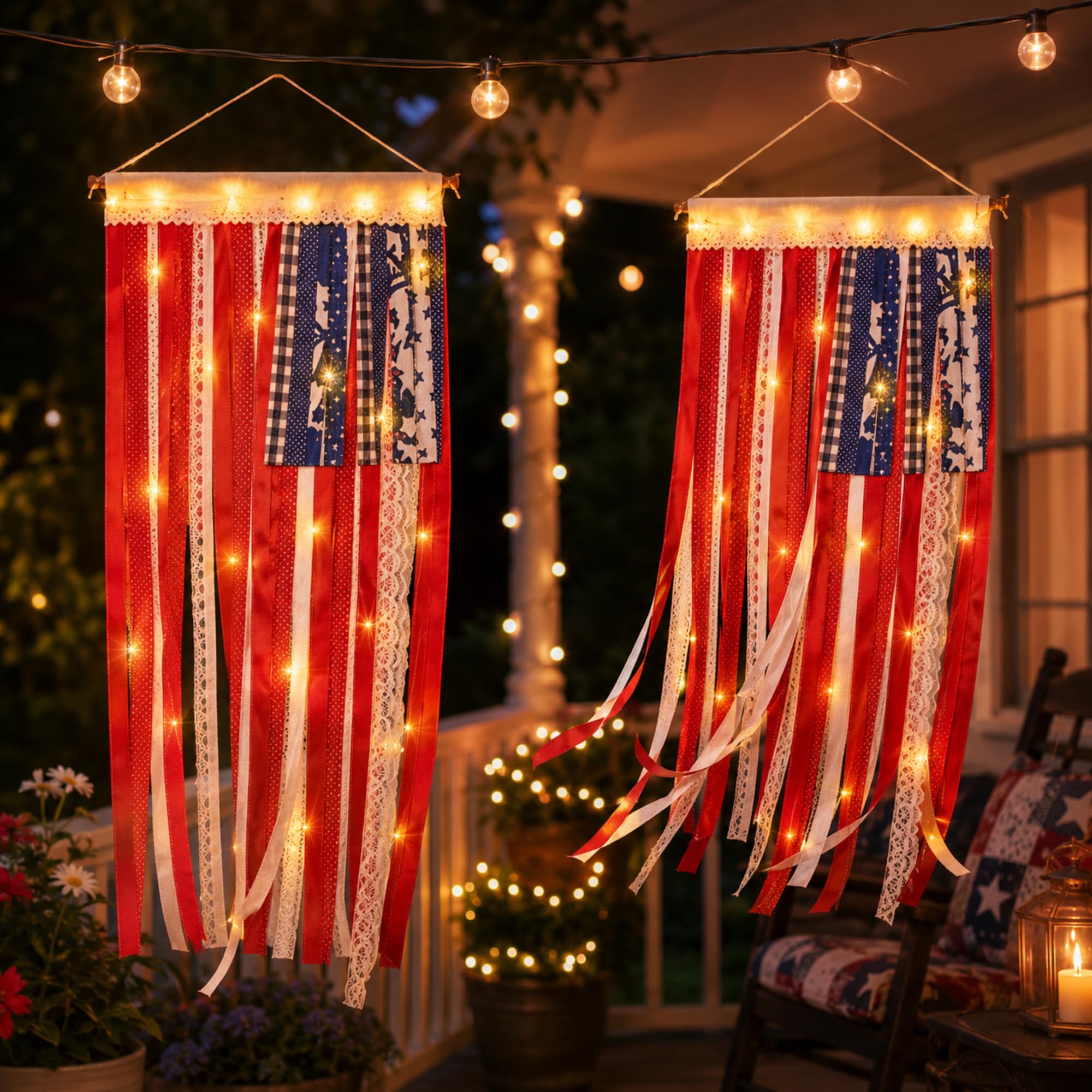 Photo 1 of 2 Pcs 4th of July Rag Decoration LED Vintage USA Flag Bunting Patriotic 250th Anniversary Independence Day Banner Memorial Day Wall Hanging Decor for Indoor Outdoor Holiday Party Accessories