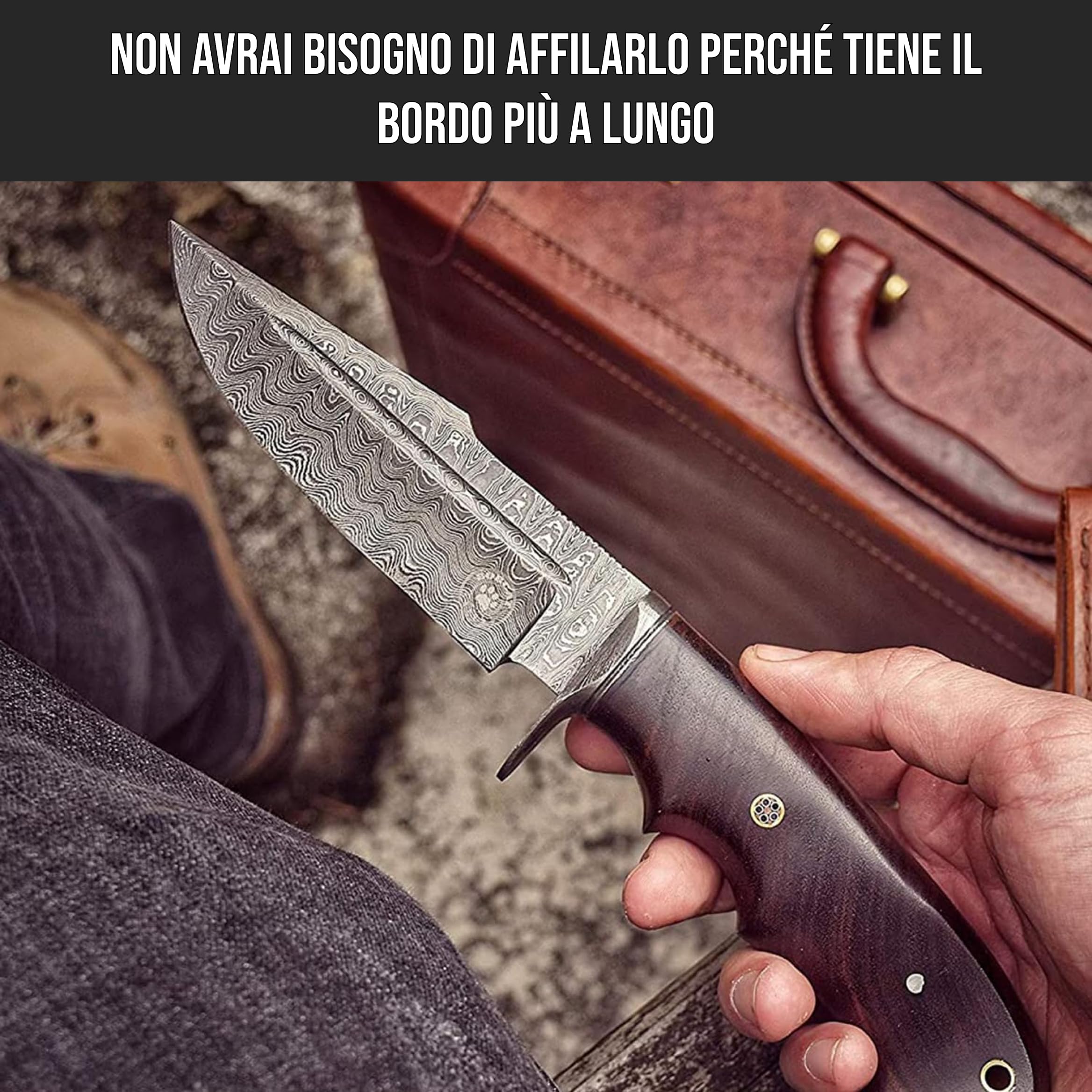 Coltello Da Caccia Wild Tiger In Acciaio Damasco - Lama 12,7 Cm, Manico Noce, Fodero In Cuoio - Per Bushcraft E Avventura