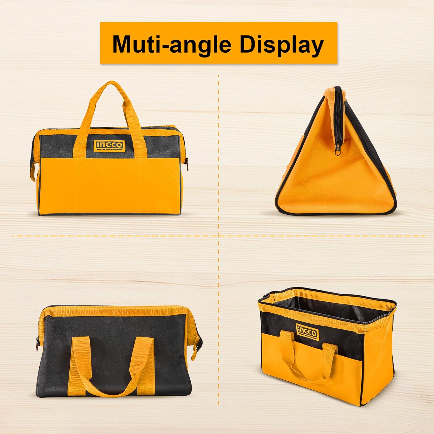 INGCO 13 Inch Tool Bag Organizer with Wide Mouth Water-proof Multi-use Tool Tote Bag for Construction Carpentry Gardening Electrician Home DIY HTBG28131 - - 