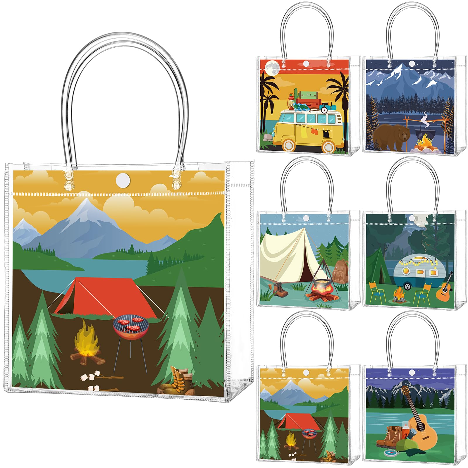 Teenyyou 24 Pcs Camping Party Favor Bags Camp out Clear PVC Gift Bags with Handle Birthday Party Supplies