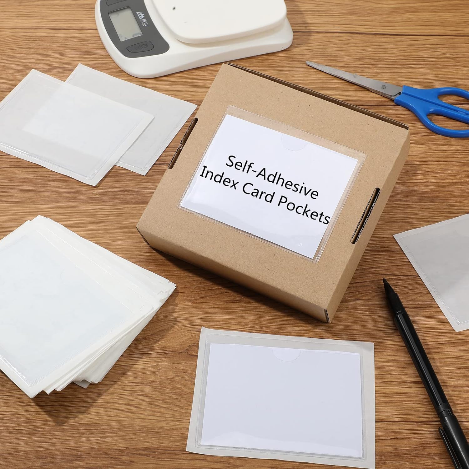 Outus 200 Pack 3.5 x 4.4 Inch Self Adhesive Label Pockets Bulk Plastic Labels Holders for Storage Bins Clear Classroom Nameplate Sleeves Index Card Tote Photos Waterproof Protect Office