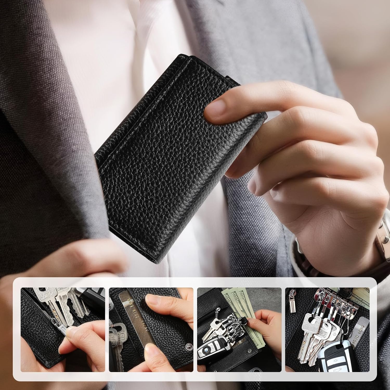Meichoon Key Case Leather Wallets Portable Key Holders Coin Pouch Small Size Multi Card Holder Stylish for Organizer Office, XF09 Black - Image 3