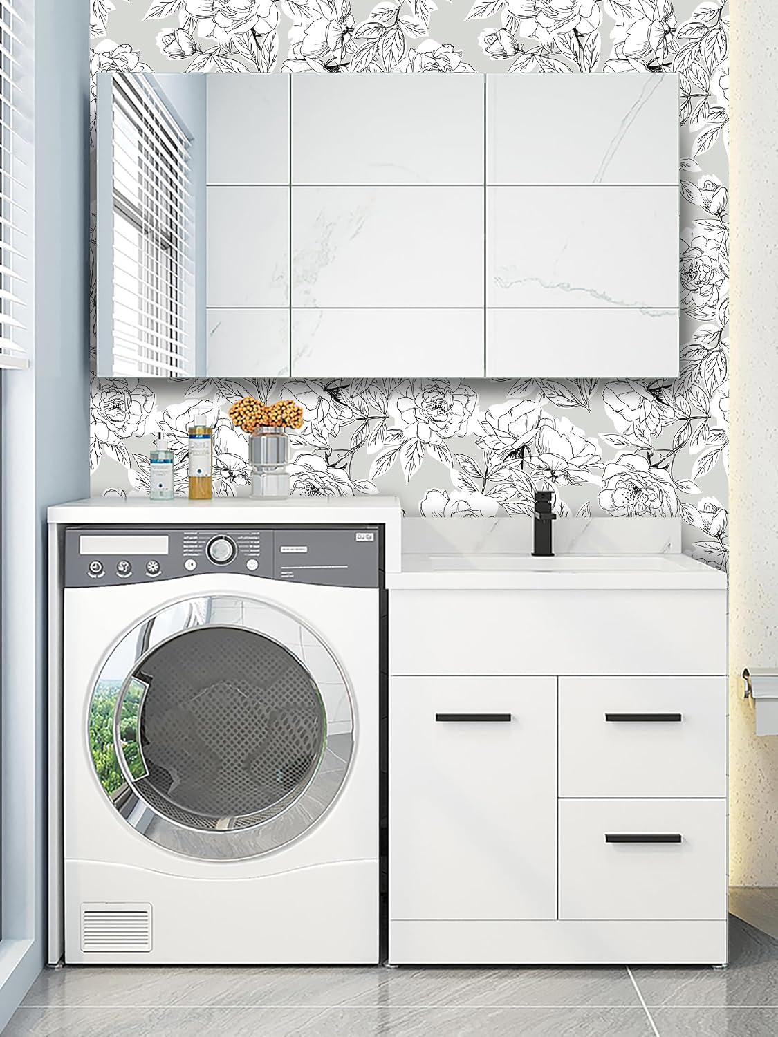 HAOKHOME Floral Wallpaper Peel and Stick Boho Flower Removable Wall Paper Grey/Black/White Vinyl Stick on Home Decorative for Bathroom 17.7in x 363in