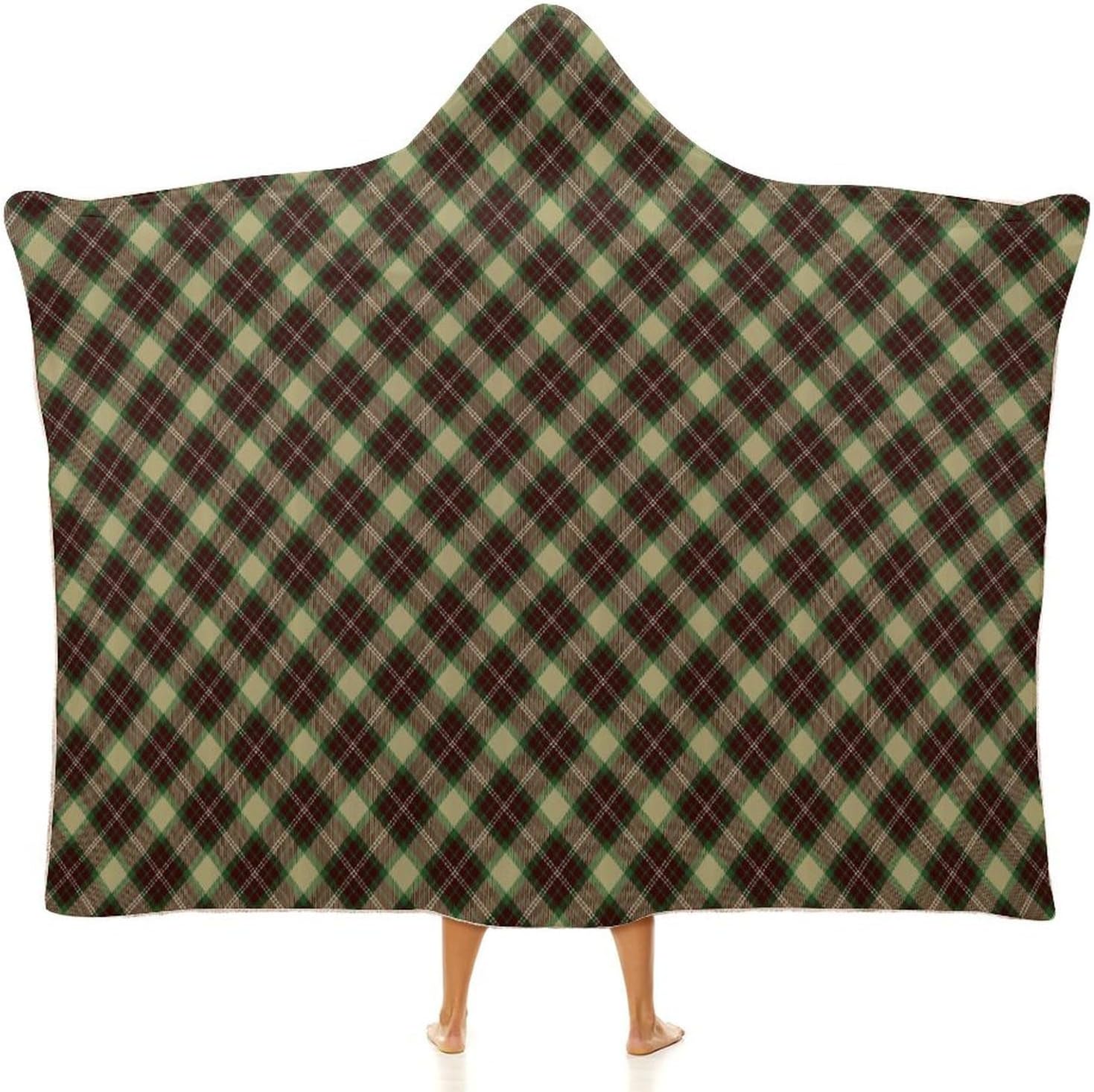 Yellow-Green Scottish Plaid Fashion Wearable Blanket Hoodie Fleece Throw Cloak Robe Unisex