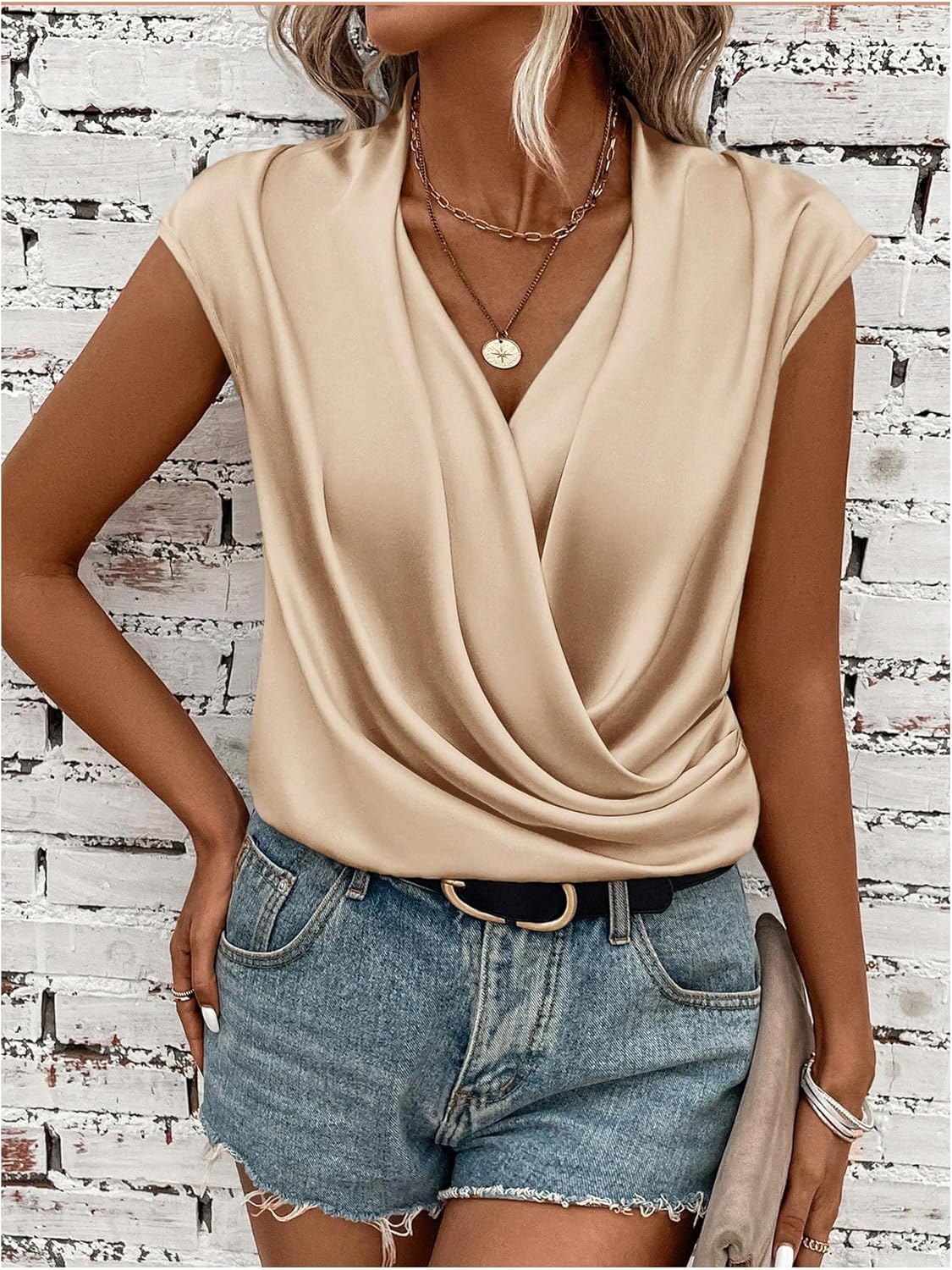 OYOANGLE Women's Cap Sleeve Draped Front Ruched Bodysuit Elegant Dressy Casual Body Suit Top - Image 5