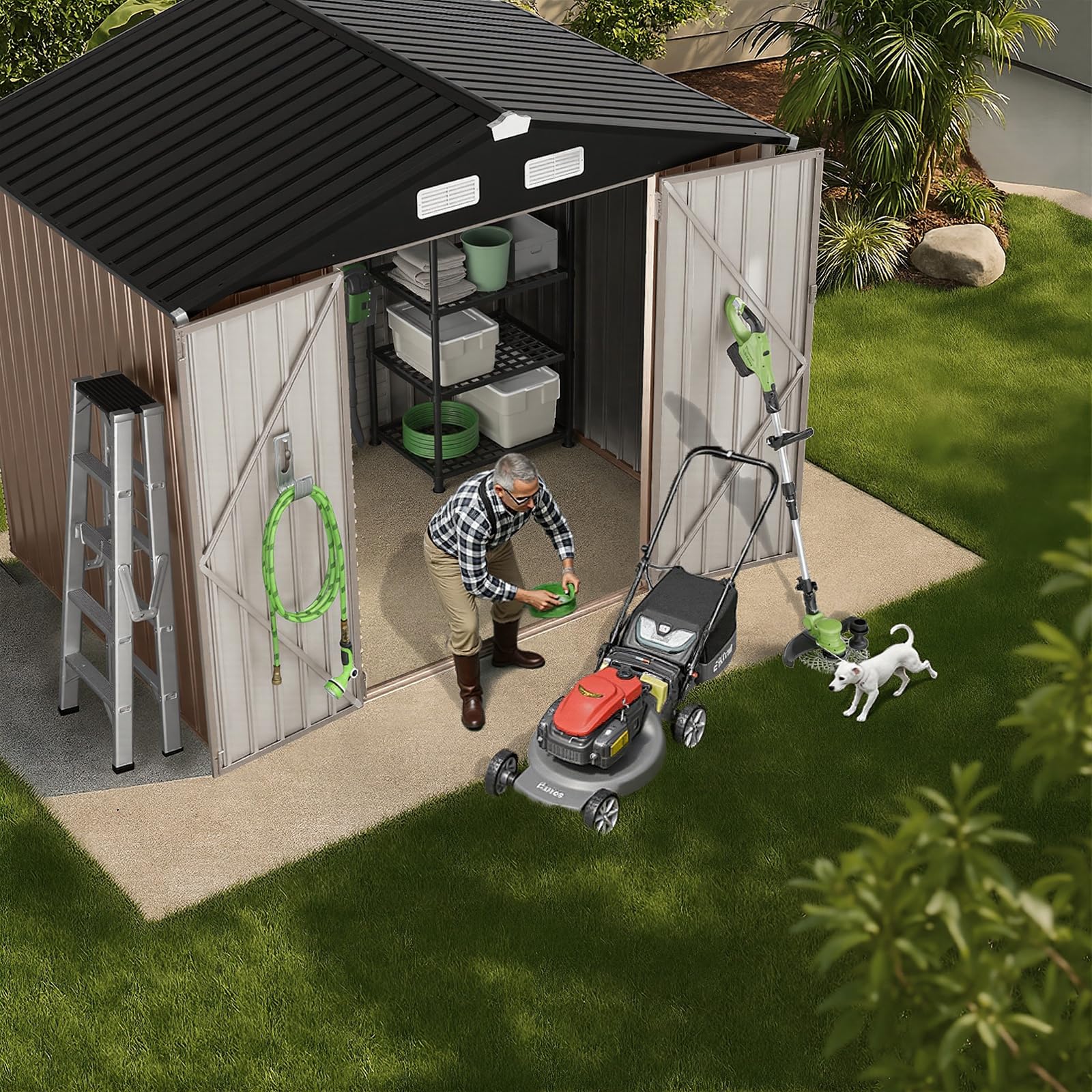 GVDV Geräteschuppen Metall 236 x 171 x 197 cm – Gerätehaus mit Belüftung & abschließbaren Türen,Wetterfester Outdoor Geräteschrank für Garten,Terrasse & Hof – Für Fahrräder,Werkzeuge & Rasenmäher
