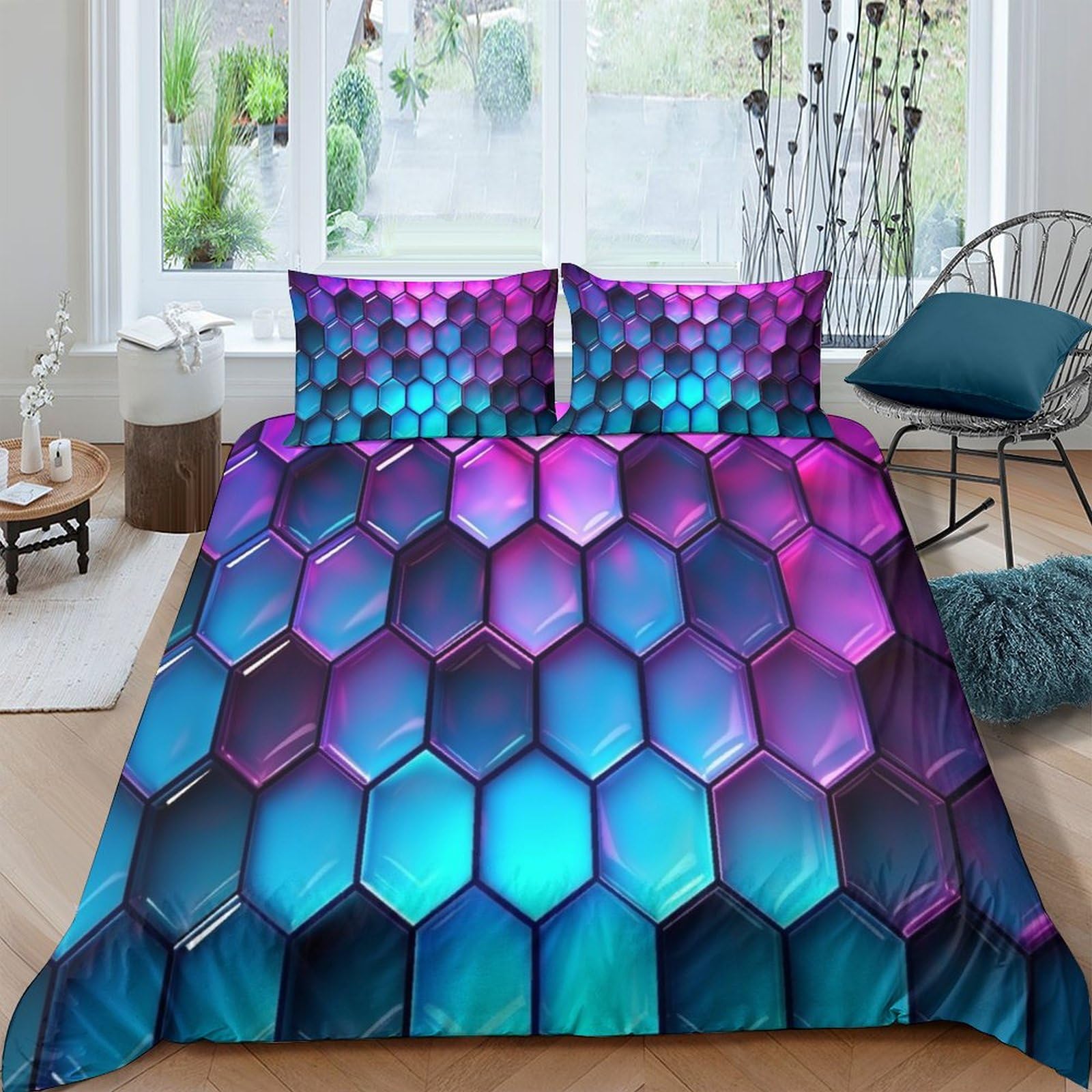 Housse de couette néon bleu violet géométrique 3D en microfibre 200x200cm avec taies pour lit double
