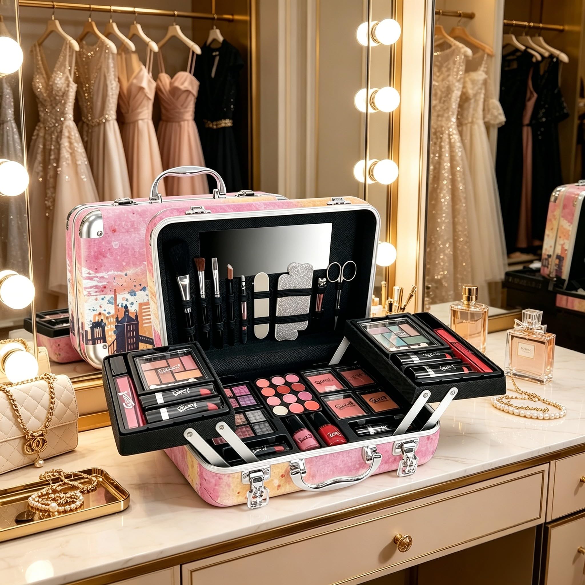 GLOSS! Pomysł na pudełko kosmetyczne dla kobiet | pudełko prezentowe dla kobiet | prezenty świąteczne | Paris XL paleta do makijażu dla kobiet | 60 sztuk: róż, cień do powiek, szminka, lakier do