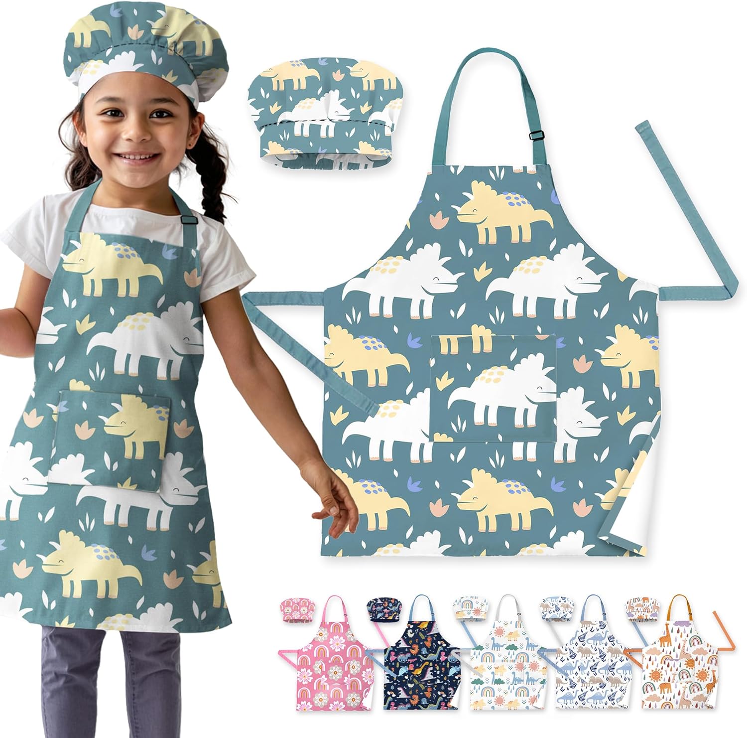 Kids Apron With Pocket & Chef Hat - Water Resistant Toddler Apron