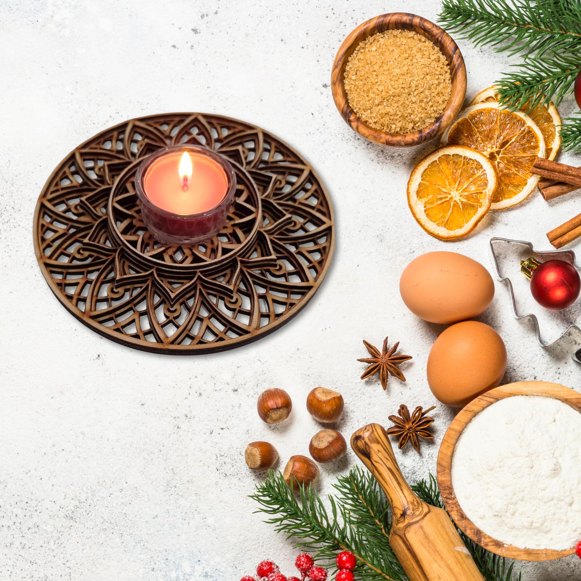 Portavelas Mandala en Relieve 3D de Madera- Decoración Rústica y Elegante para Hogar-Ideal para centros de Mesa, Regalos y Feng Shui- Portavelas Elegantes para Bodas-Portavelas para Navidad