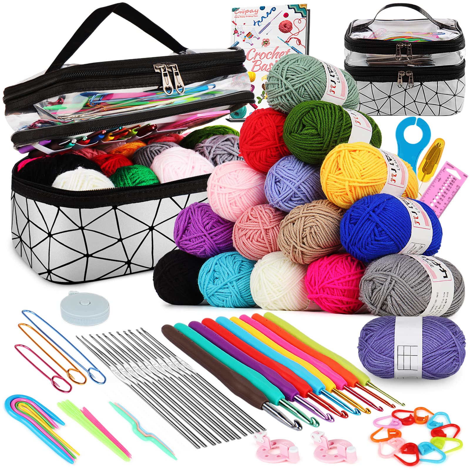 Coopay Crochet Set for Beginners, 71 Pieces Crochet Hook Set with Bag and Wool, Premium Crochet Set with Knitting Accessories and Yarn, 0.6, Complete Crochet for Beginners Gifts, Silver