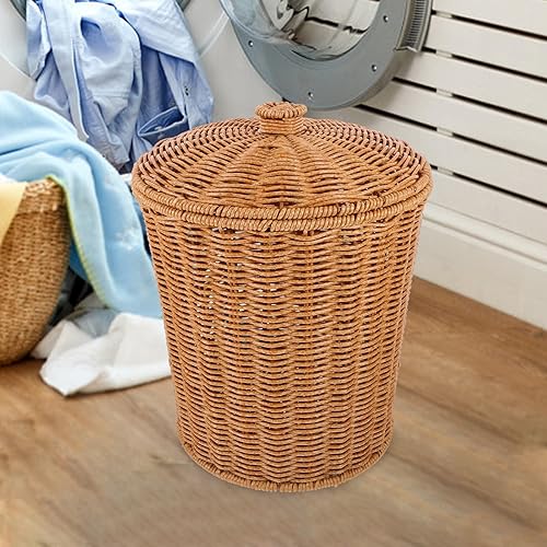 Miniatura 9 de PRETYZOOM Cesta de basura de mimbre portátil con tapa, papelera de mimbre redonda, de plástico, cesta de almacenamiento tejida, contenedor de ropa